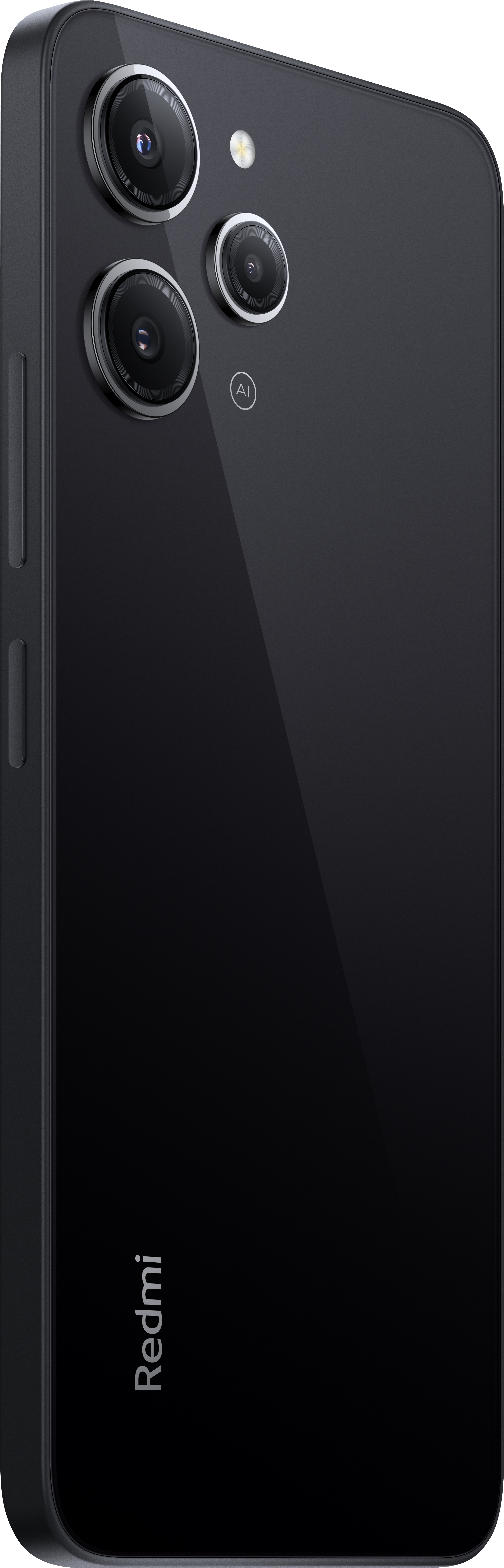 Schwarzes Smartphone mit drei Rückkameras. Redmi-Logo. Winkelansicht.
