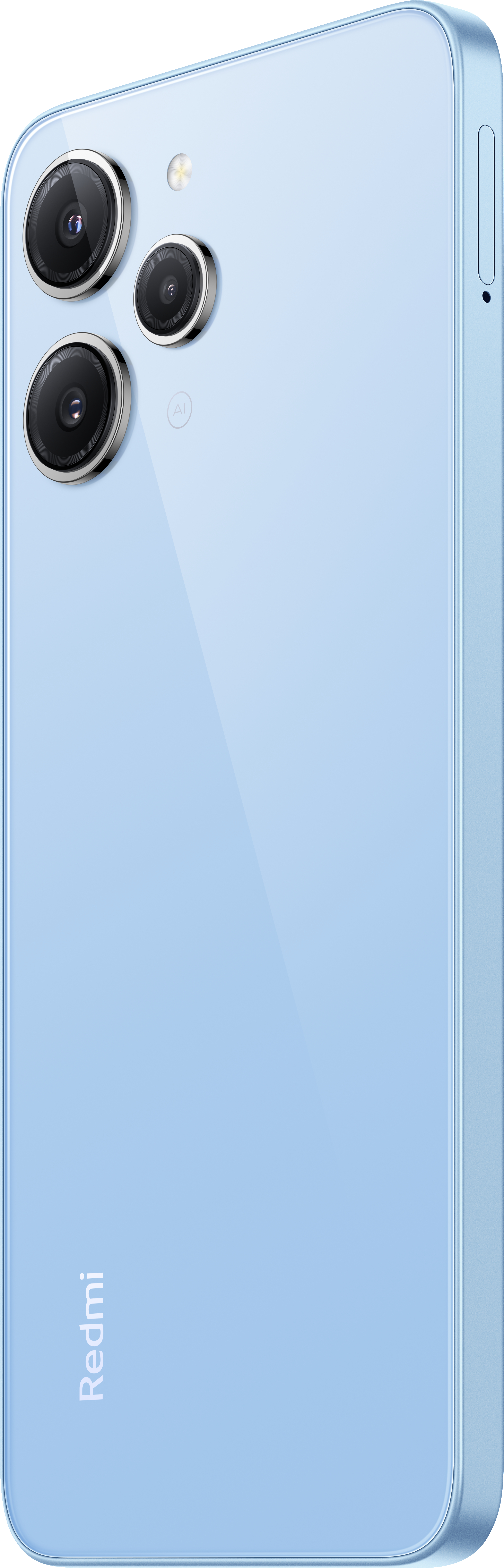 Blaues Smartphone mit drei Rückkameras und einem Redmi-Logo.