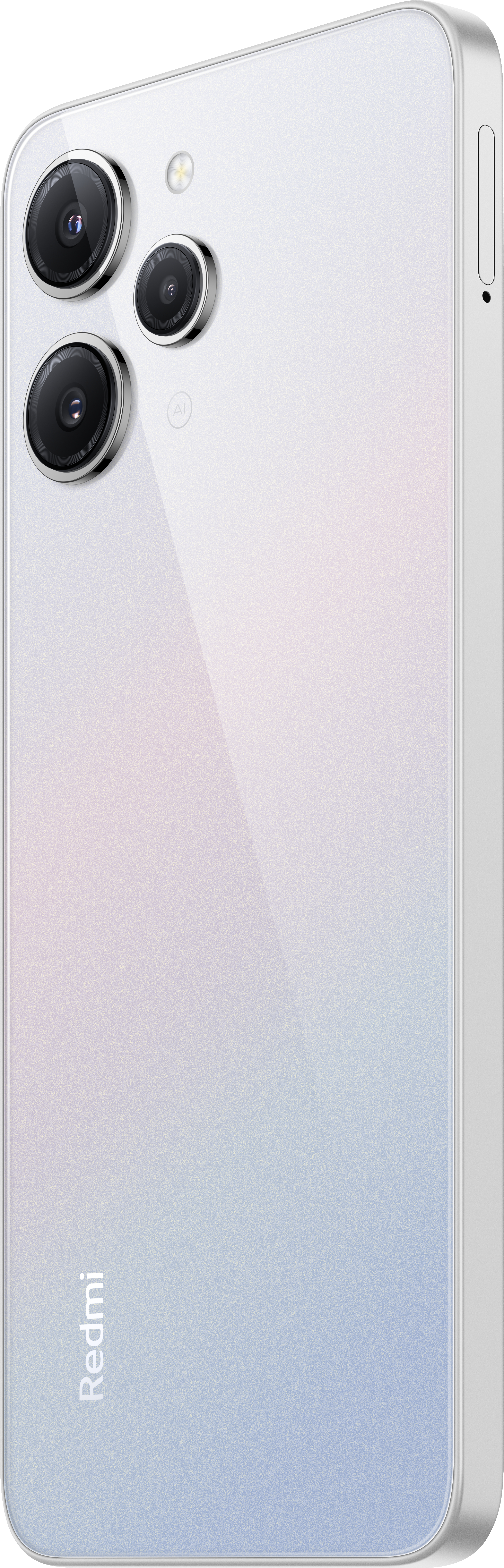 Weißes Telefon mit drei Rückkameras. Das Telefon hat eine glänzende Oberfläche, und das Redmi-Logo ist sichtbar.