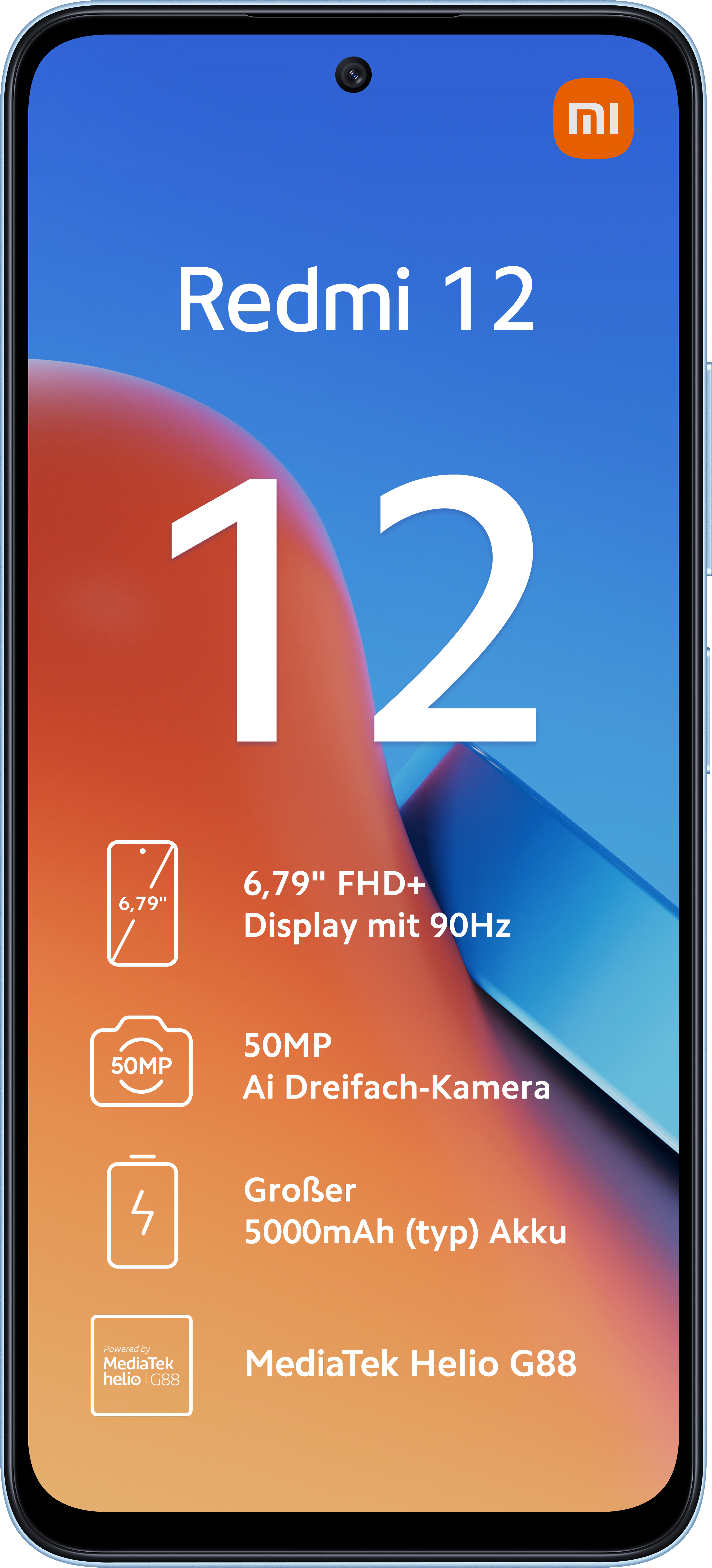 Redmi 12 Smartphone mit Text und Symbolen auf dem Display.