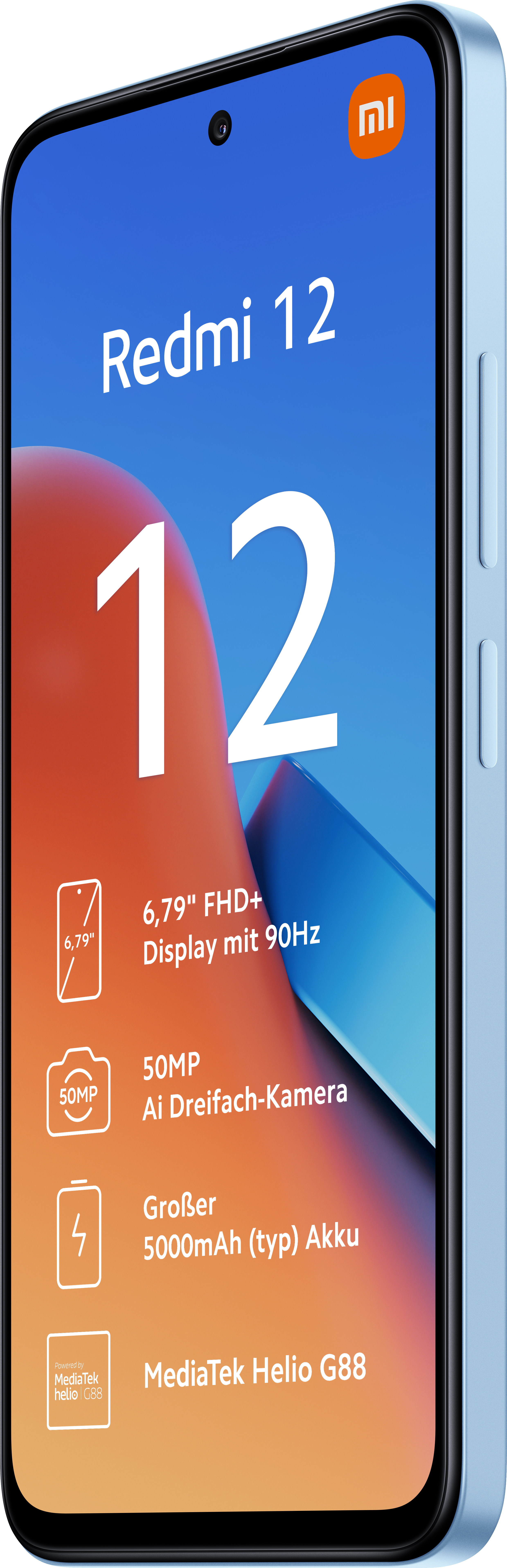 Blaues Xiaomi Redmi 12 Smartphone, Bildschirm, Text und Symbole.