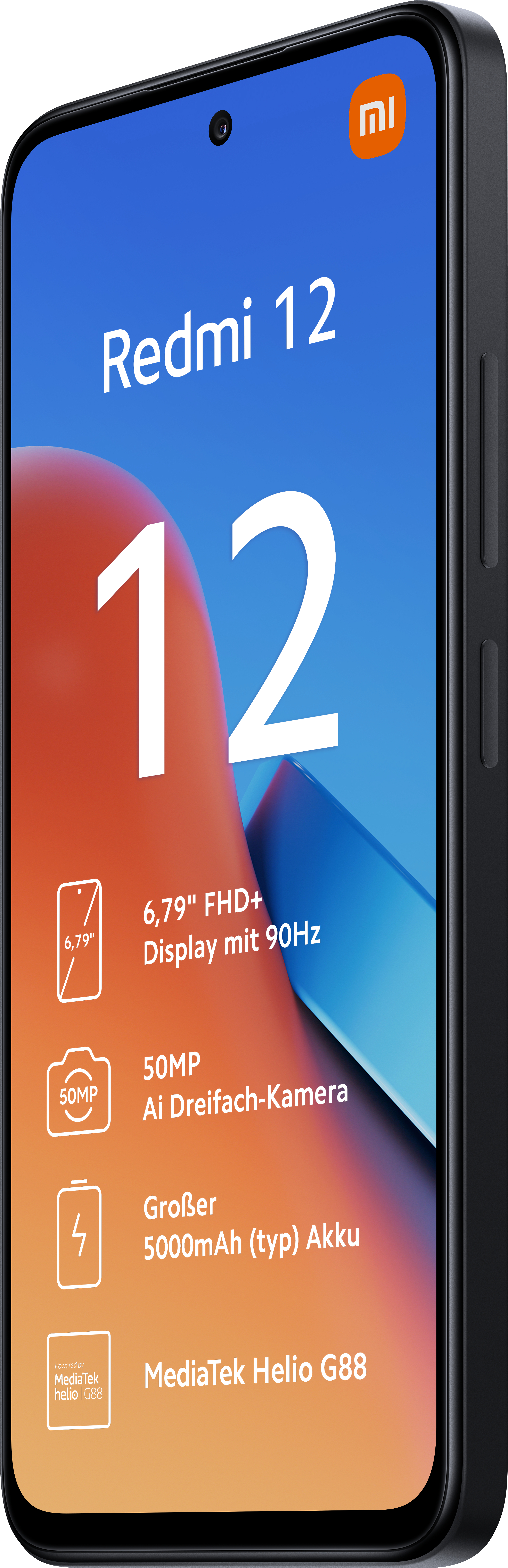 Schwarzes Redmi 12 Smartphone, zeigt Bildschirm mit Text und Symbolen, schräge Ansicht.