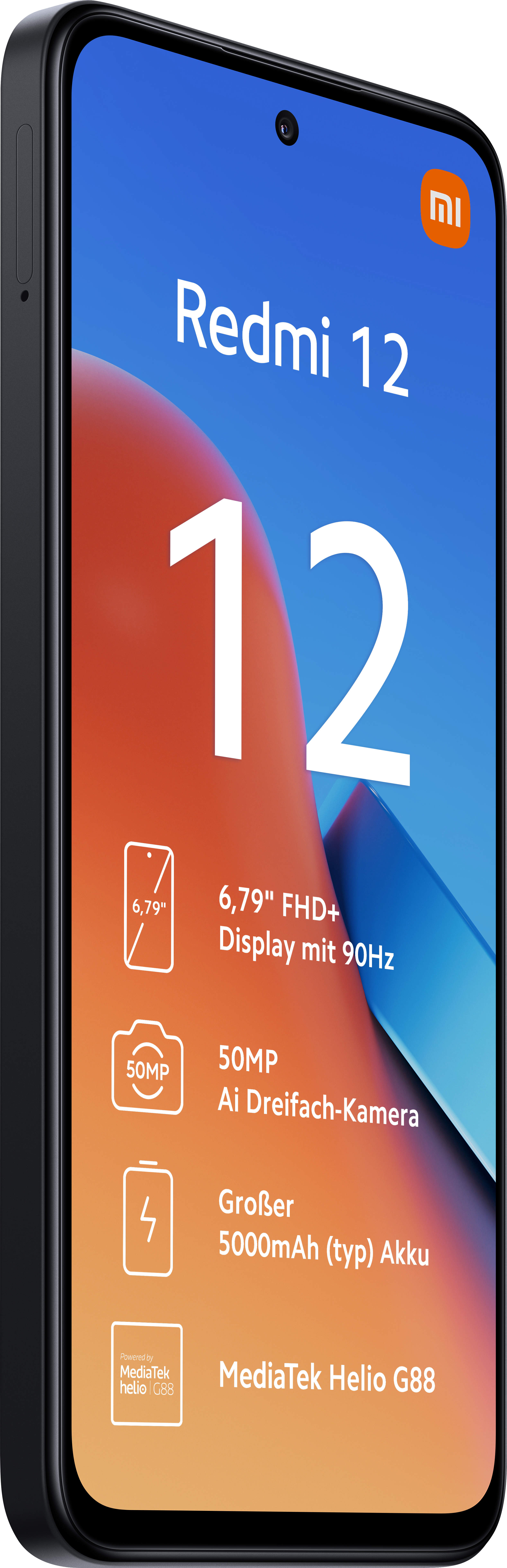 Ein schwarzes Smartphone mit Text und Symbolen auf dem Bildschirm. Es hat einen schwarzen Rahmen.