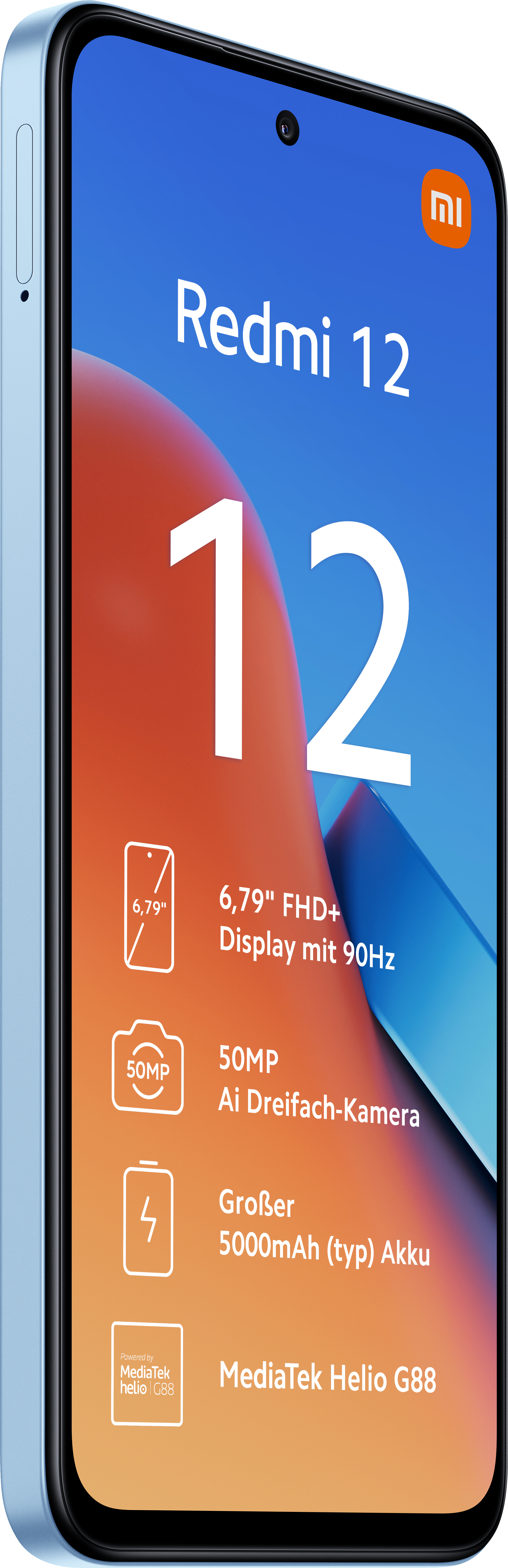 Ein blaues Redmi 12-Handy mit großem Bildschirm, Text und Symbolen, auf weißem Hintergrund.