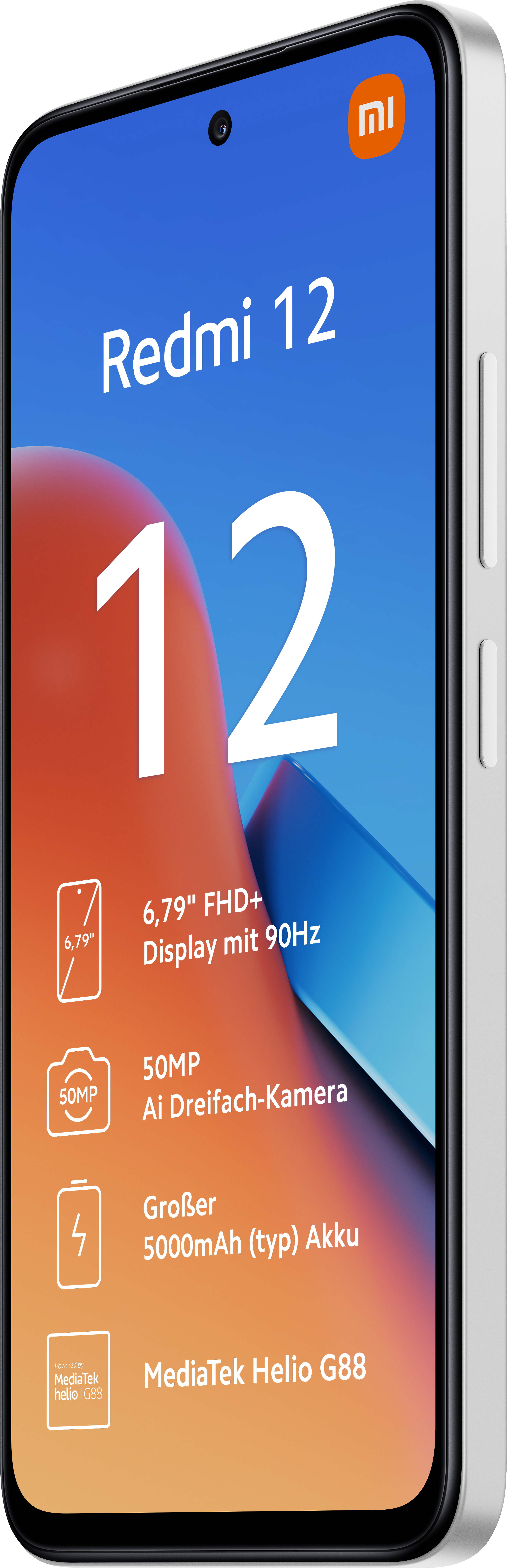 Ein weißes und silbernes Smartphone, das einen Bildschirm mit Informationen und Symbolen zeigt.