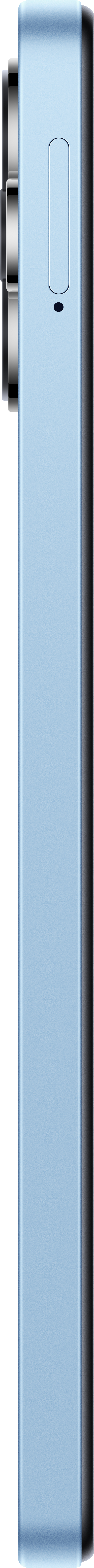 Seitenansicht eines hellblauen Smartphones. Die Seite hat Tasten und Kameras. Weißer Hintergrund.