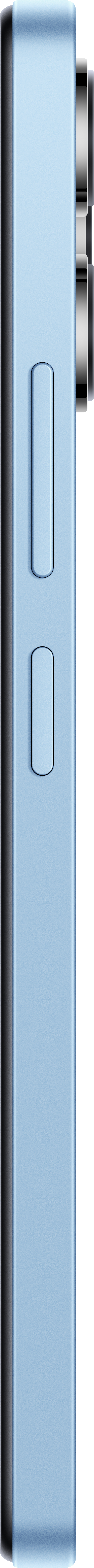 Seitenansicht eines hellblauen Telefons mit Knöpfen und Kamerahügel.