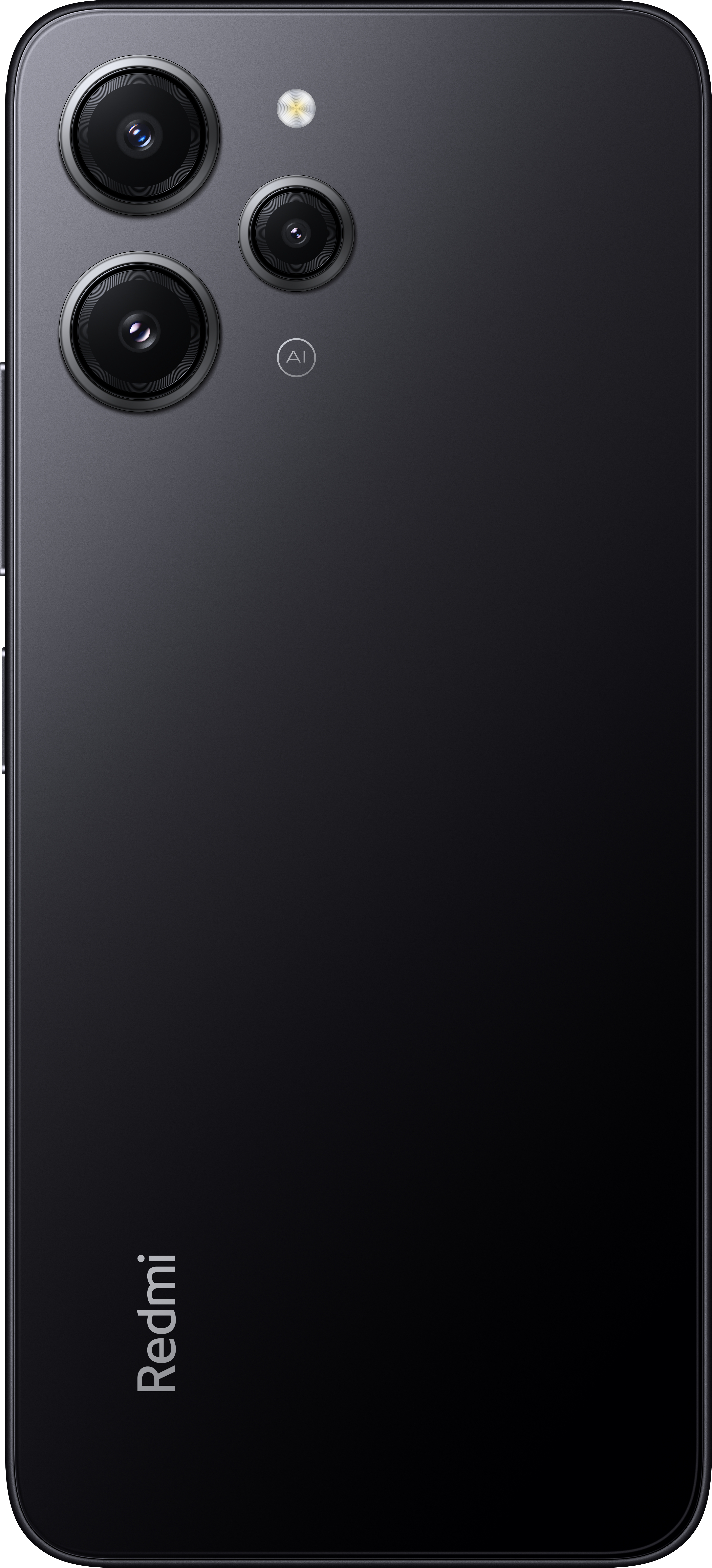 Schwarze Telefonrückseite mit Kameras und Redmi-Logo.