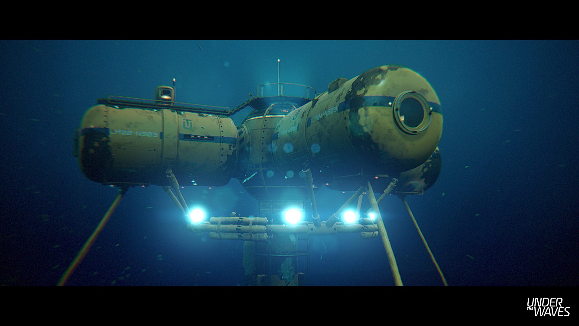 Eine u-bootartige Struktur unter Wasser, mit Lichtern und dunklem Hintergrund. Die Worte 'Under the Waves' unten.