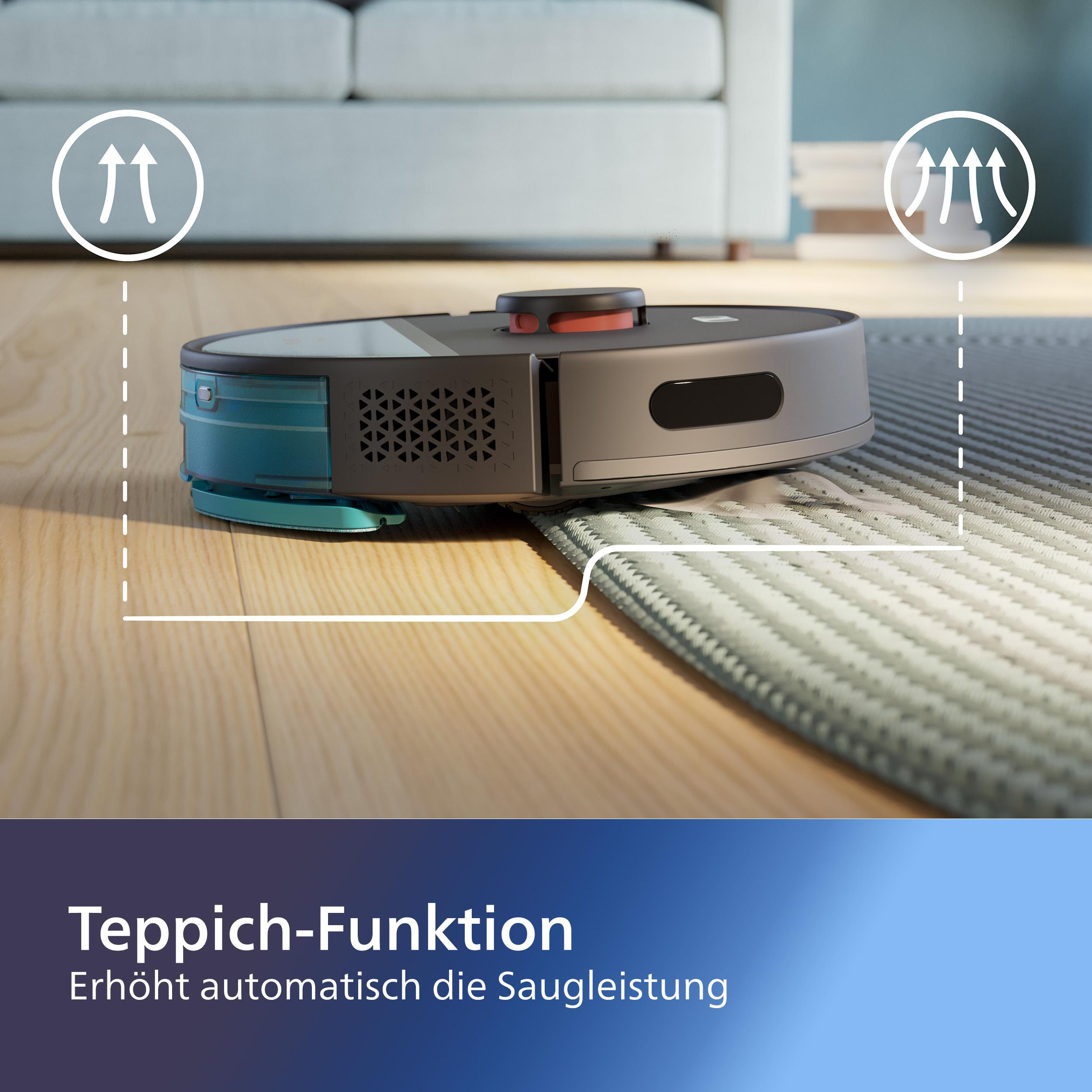 Ein Roboter-Staubsauger auf einem Teppich, mit Pfeilen, die die Saugfunktion anzeigen. Im Hintergrund ist eine Couch unscharf.