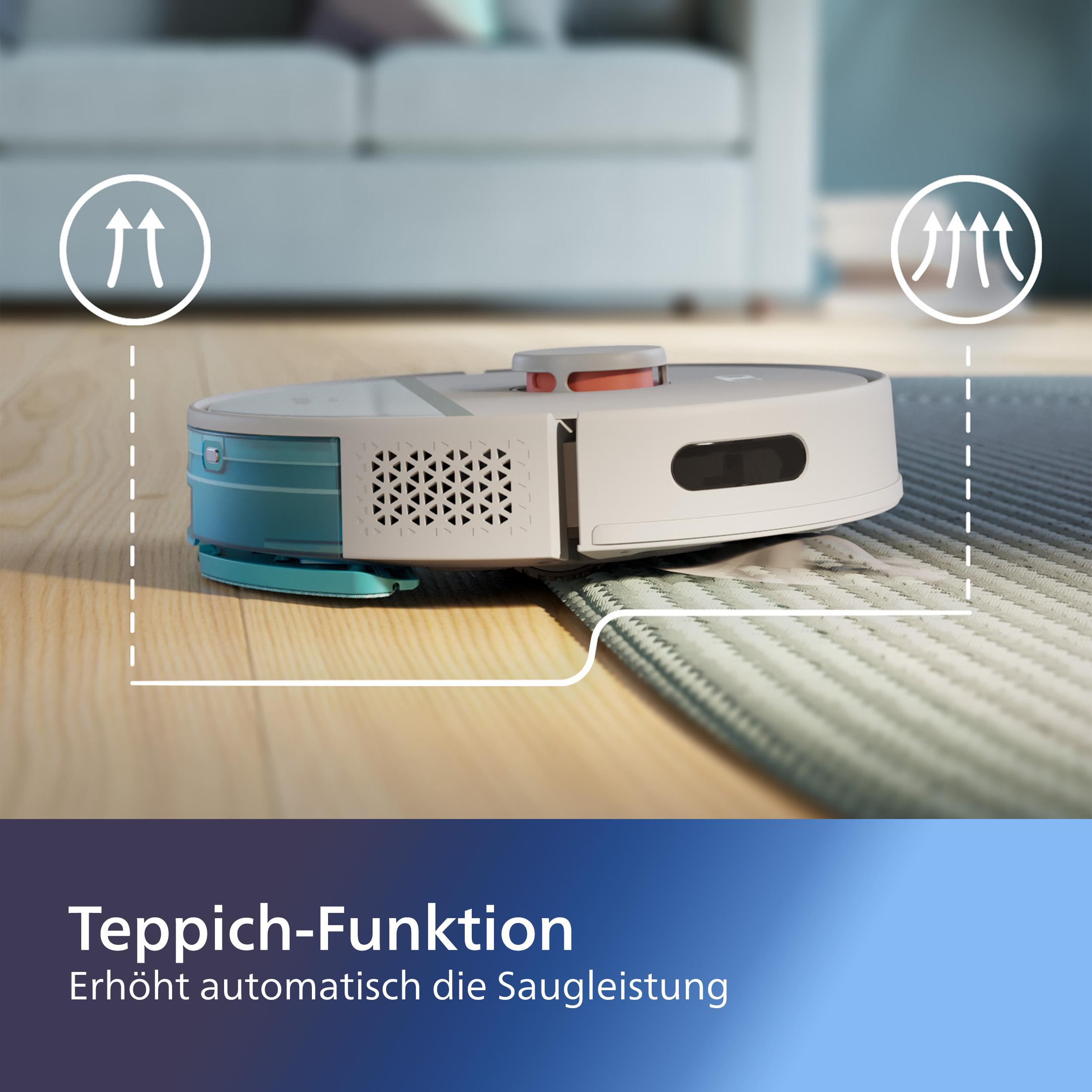Ein Roboterstaubsauger reinigt einen Teppichbereich. Pfeile und Text zeigen die Teppichfunktion an.