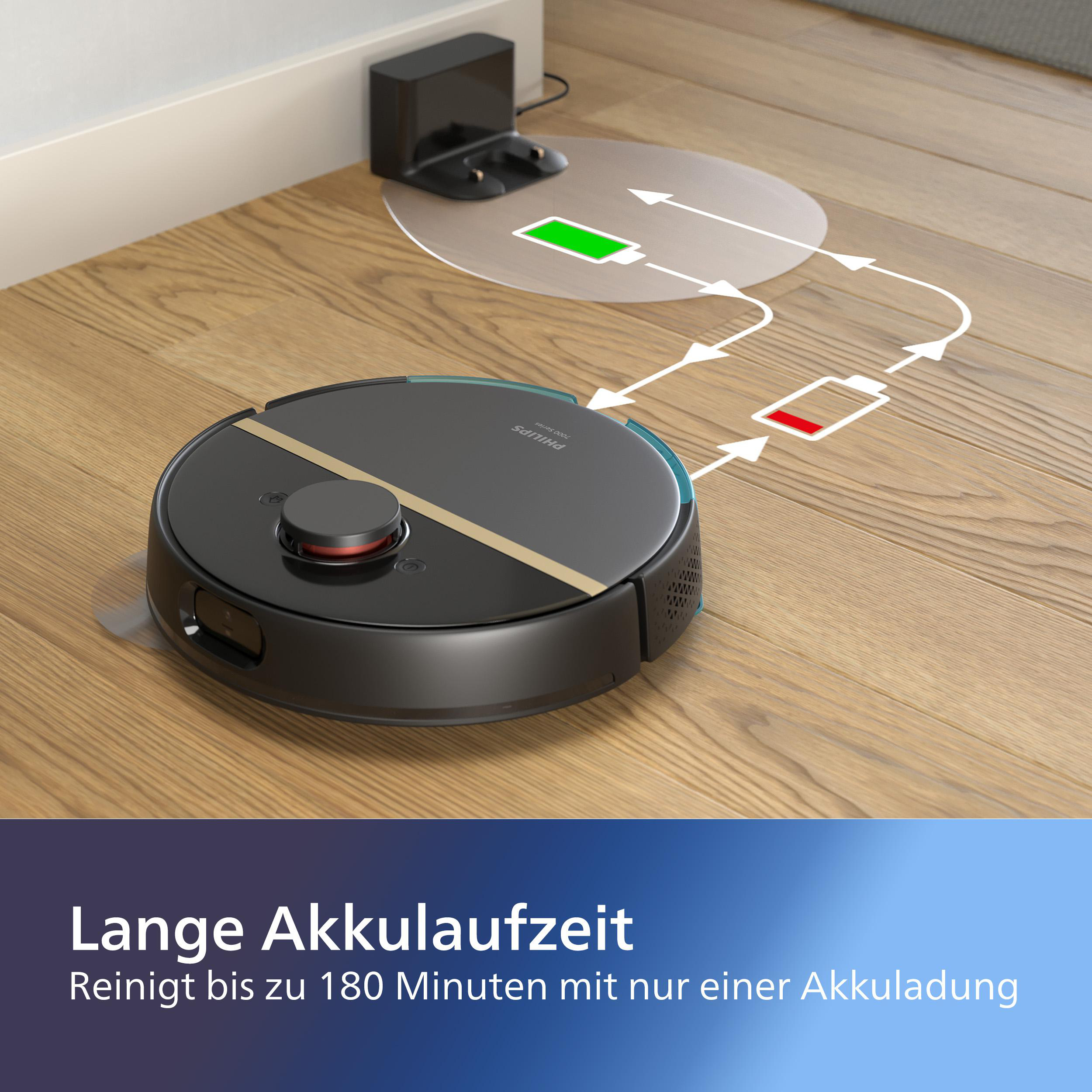 Roboter-Staubsauger auf Holzboden, mit Ladestation und Batterieanzeigen. Zeigt Grün und Rot.