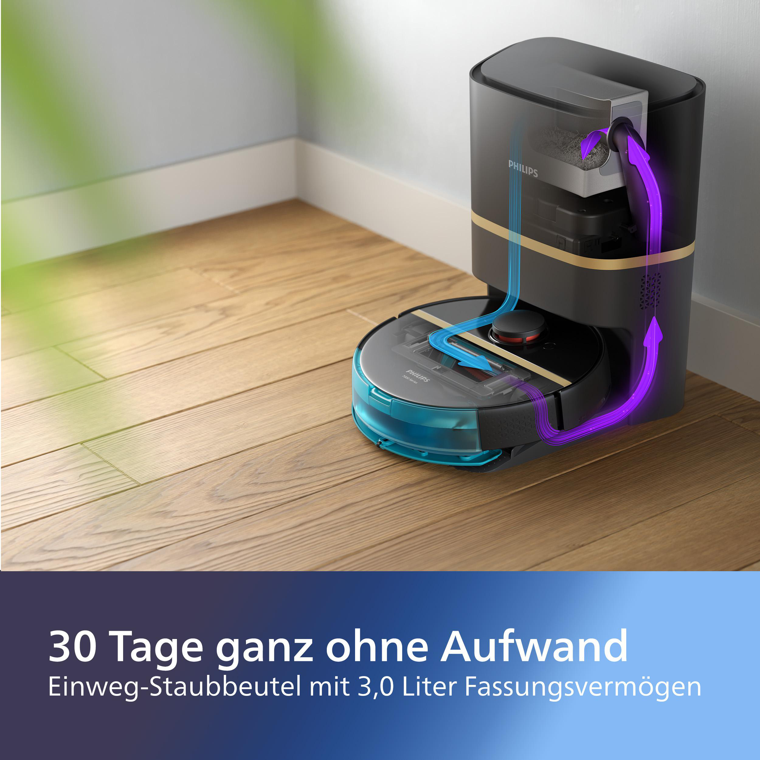 Ein schwarzer und türkisfarbener Philips-Roboterstaubsauger mit seiner Ladestation. Pfeile zeigen den Luftstrom zur Staubentsorgung an.