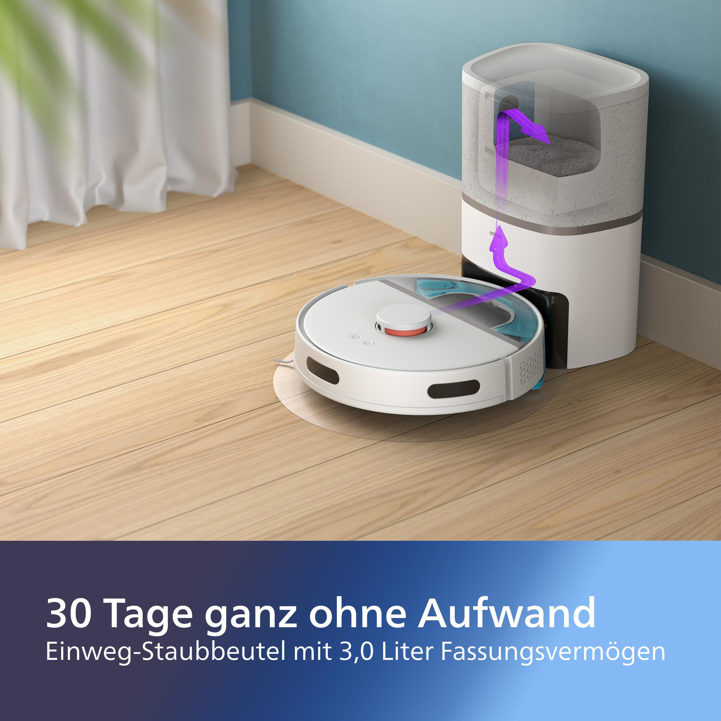 Roboter-Staubsauger reinigt auf Holzboden, mit Ladestation und Entleerungsstation.
