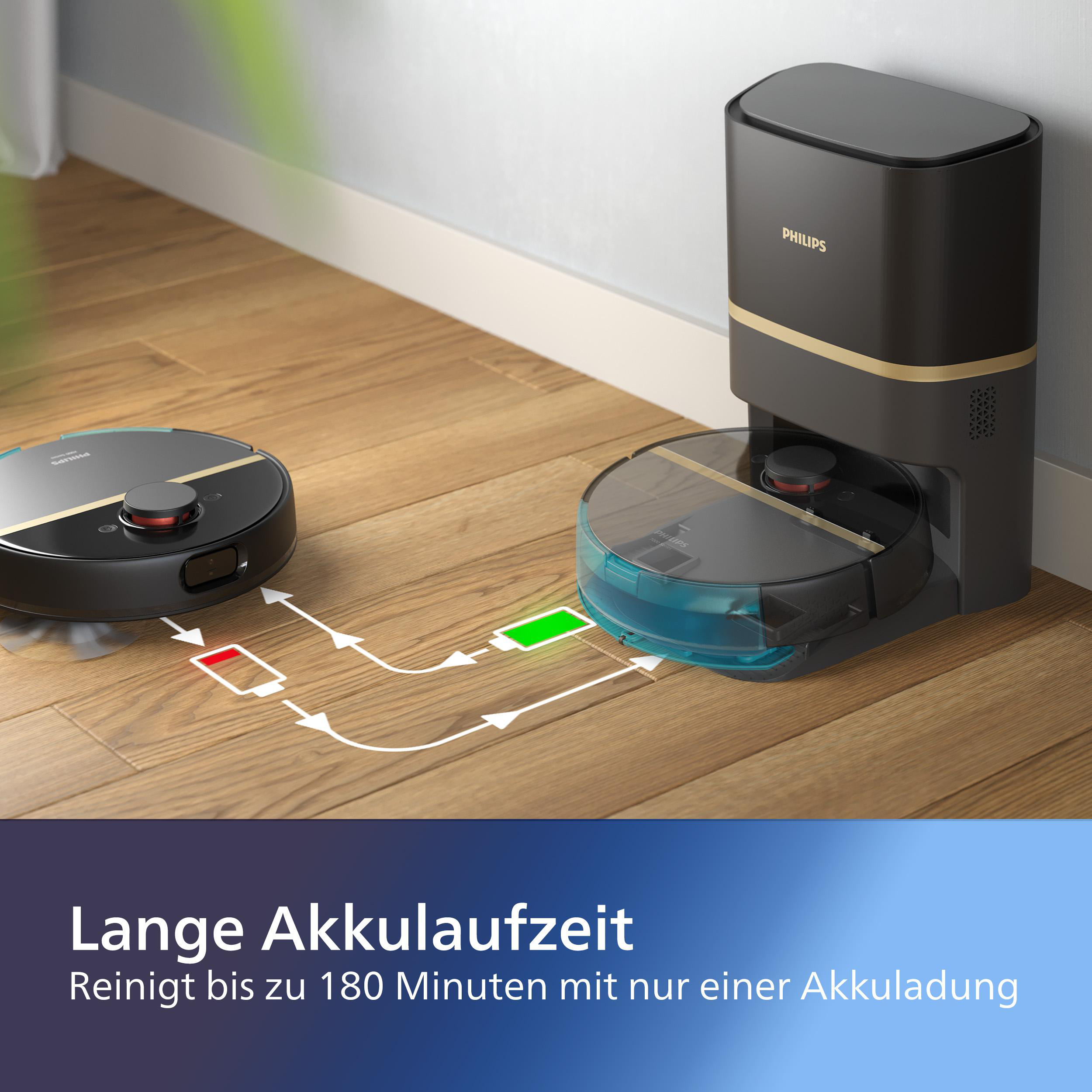 Roboter-Staubsauger mit Ladestation, Holzboden, grüne und rote Lichter.