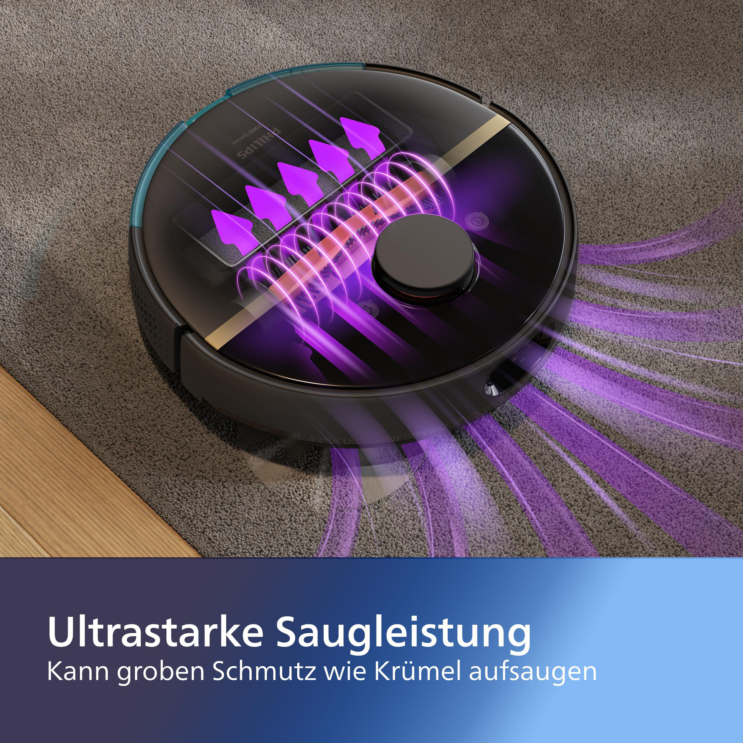 Roboter-Staubsauger auf Teppich, mit Text über starke Saugkraft.