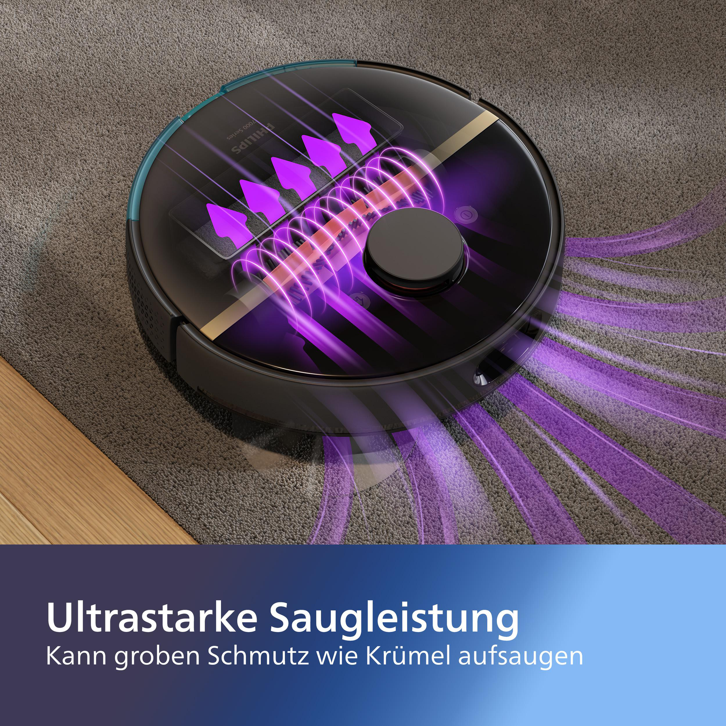 Roboter-Staubsauger auf Teppich, mit Text über starke Saugkraft.