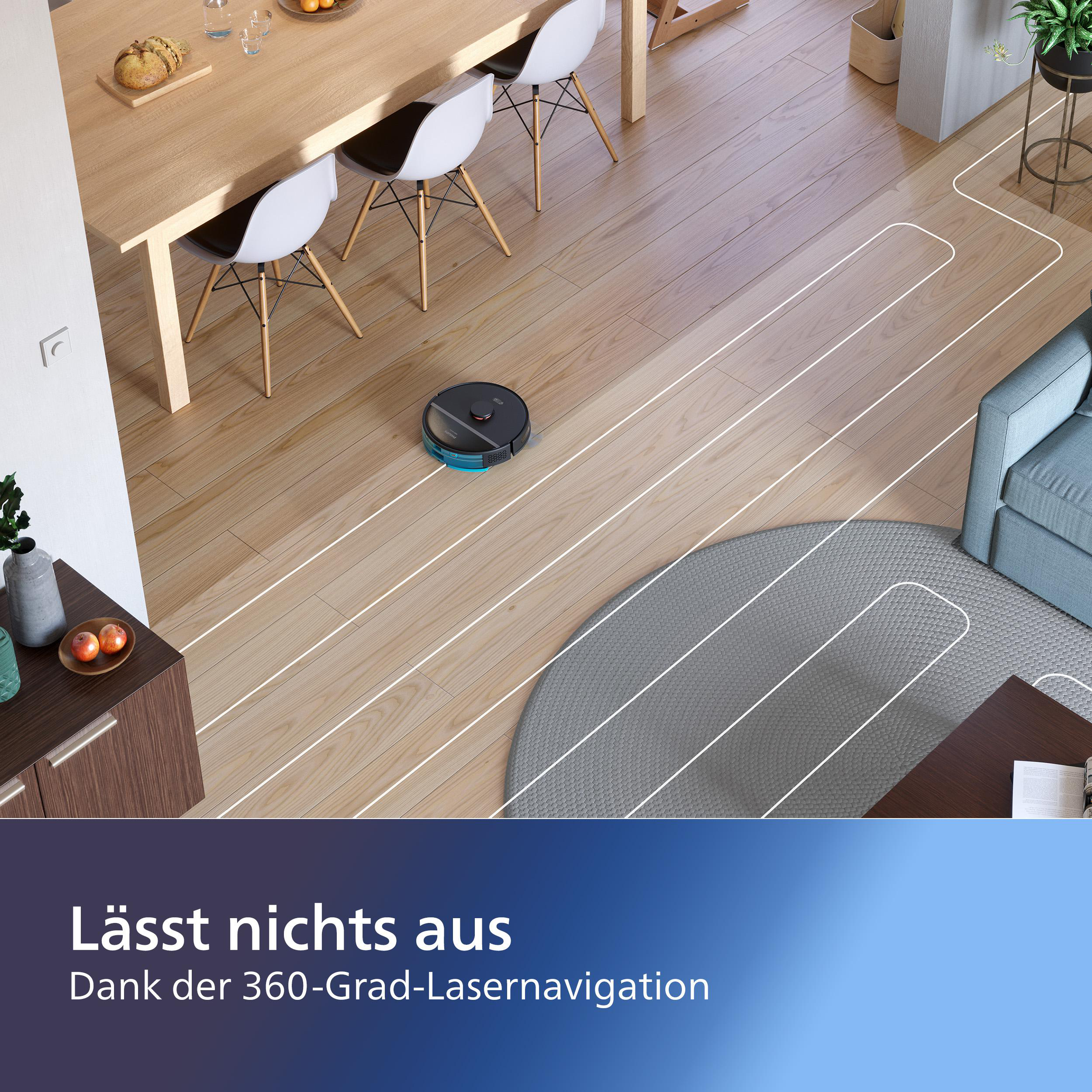 Roboter-Staubsauger auf Holzboden. Esstisch, Stühle, Teppich und Sofa im Hintergrund. Weiße Linien zeigen den Reinigungspfad.