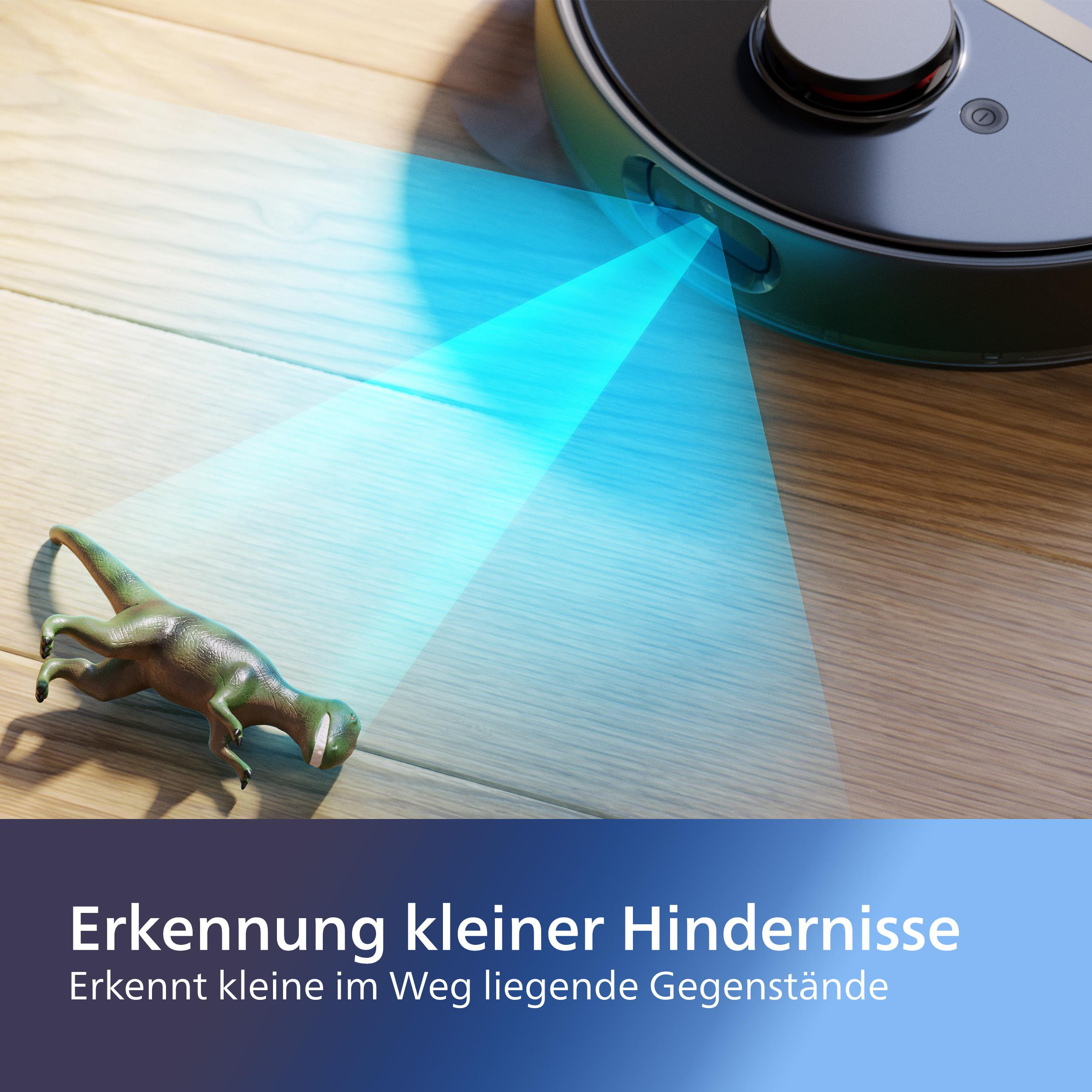 Roboter-Staubsauger mit blauem Licht, der ein Hindernis, ein Spielzeug-Dinosaurier, erkennt. Holzboden.