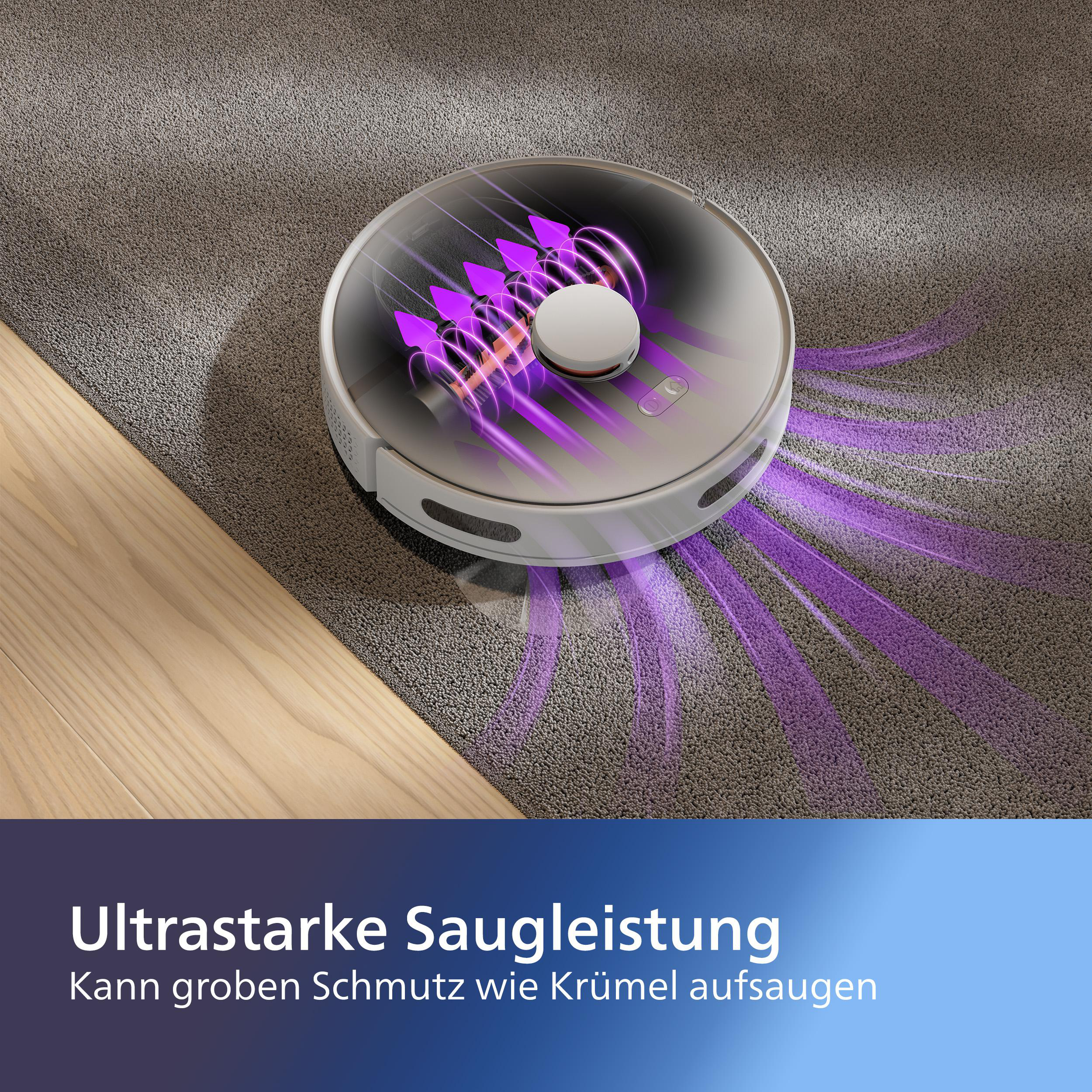 Ein Roboter-Staubsauger, der einen grauen Teppich reinigt.
