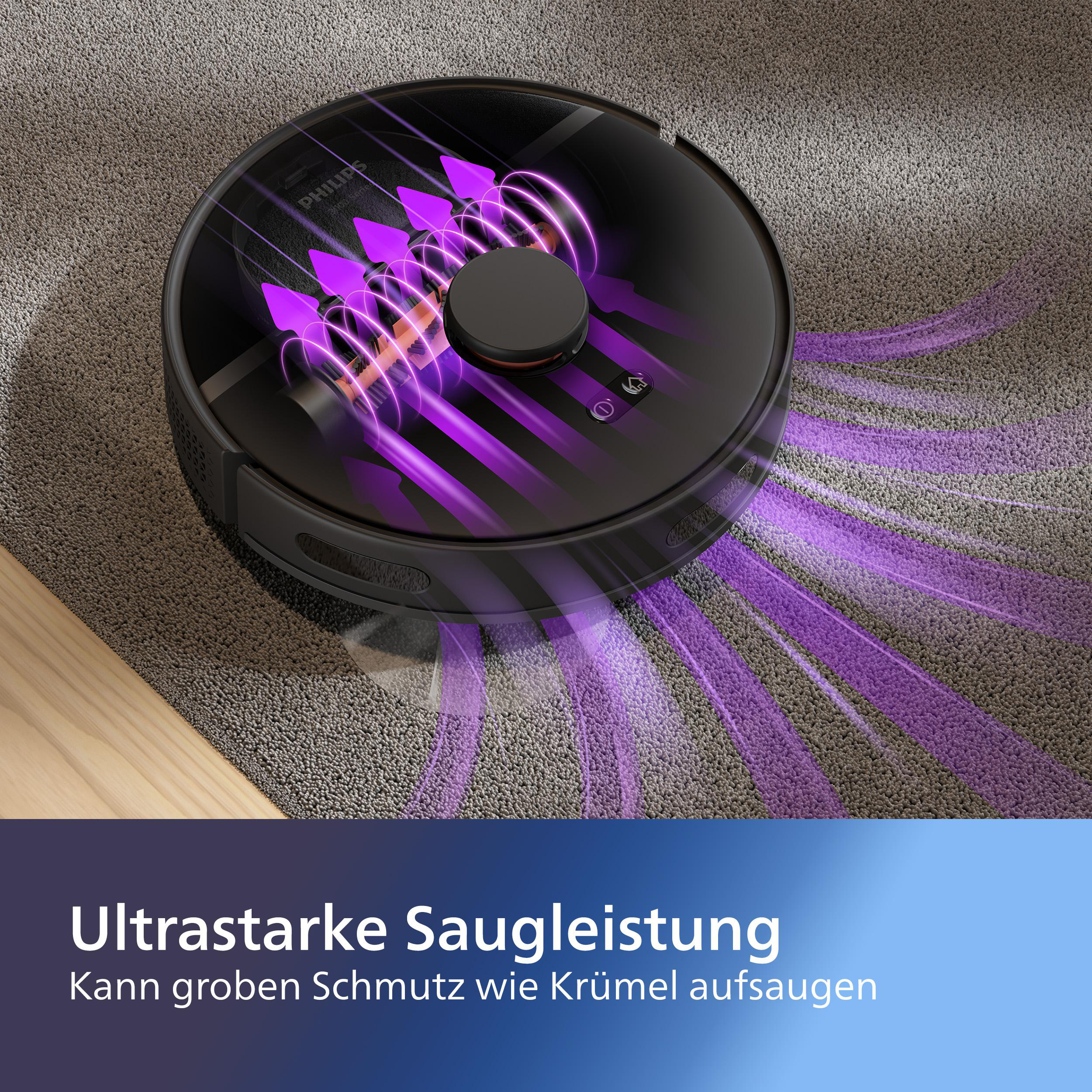 Schwarzer Roboter-Staubsauger mit lila Saugflusslinien auf einem grauen Teppich.