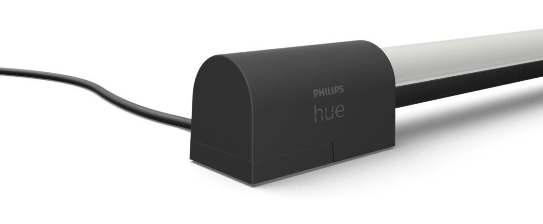 Czarny pasek świetlny Philips Hue z kablem zasilającym. Widoczne logo.