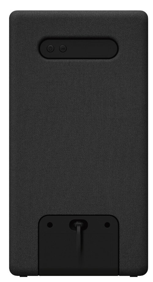 Czarny głośnik z przyciskami zasilania i łącza.