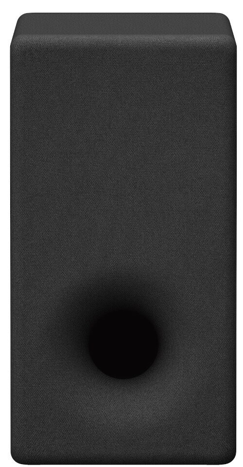 Czarny prostokątny subwoofer z dużym centralnym otworem.