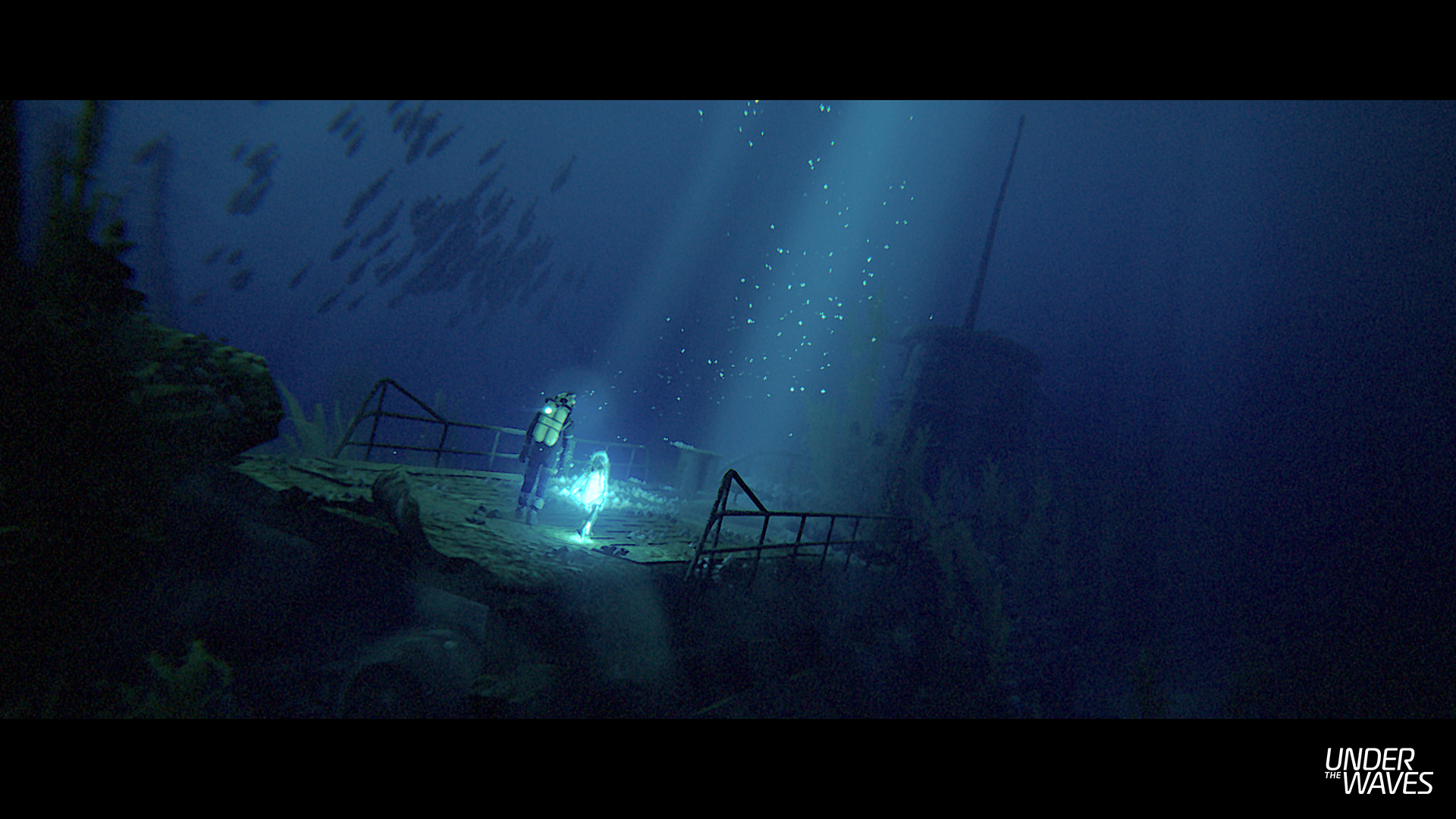 Scène sous-marine avec plongeur, silhouette lumineuse et ruines dans l'eau bleu foncé.