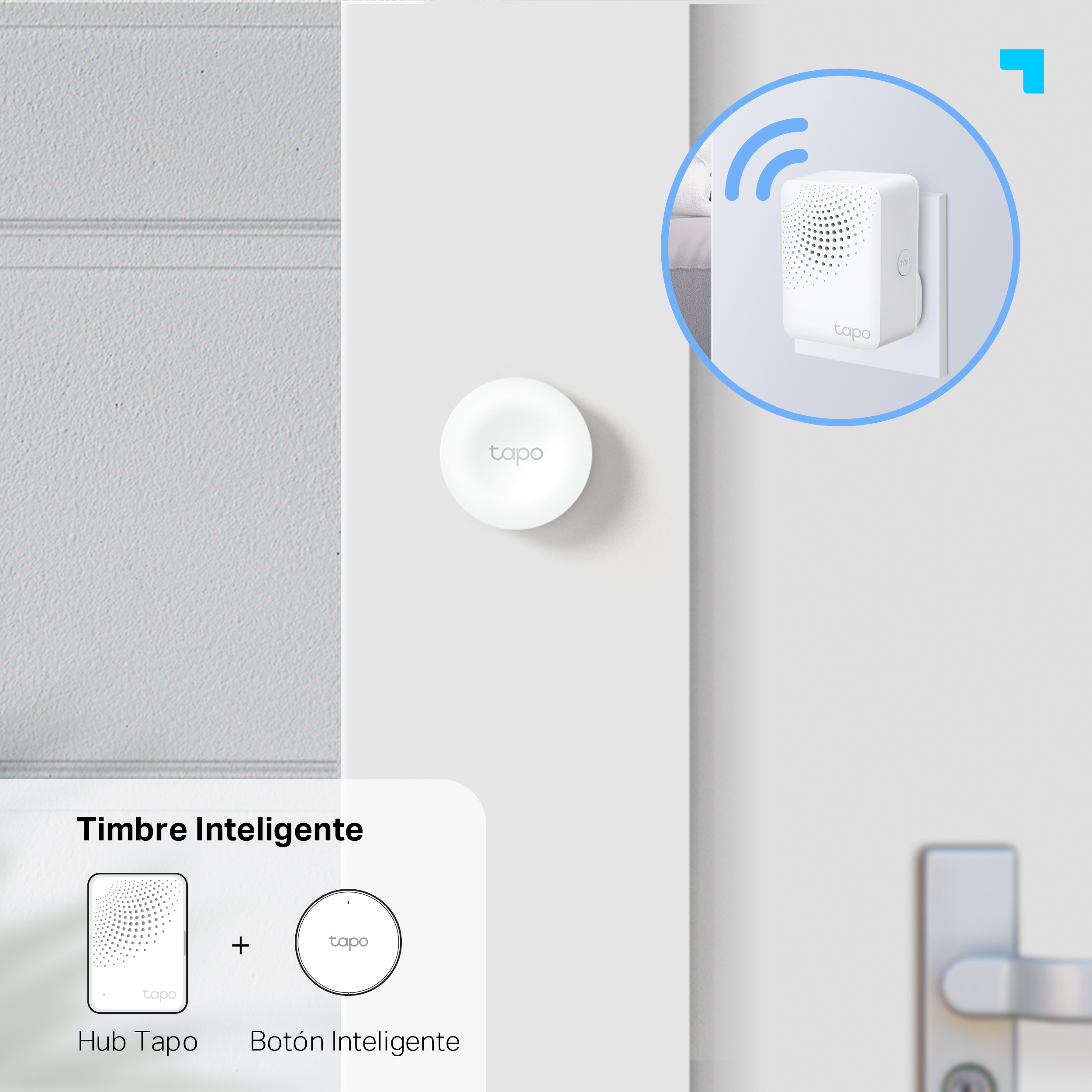 Timbre inteligente con un concentrador y un botón. Ambos son blancos y están montados en una pared.