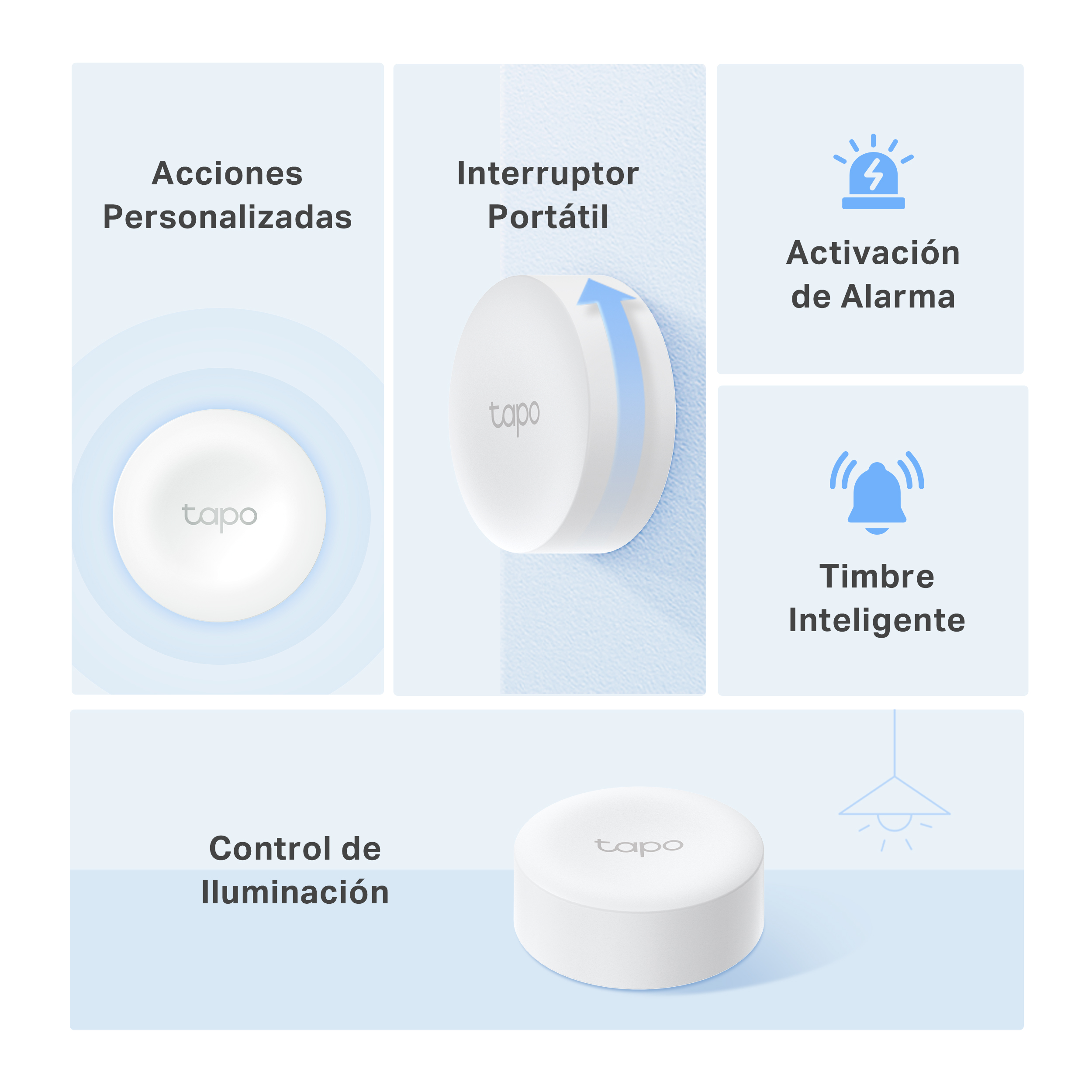 Un dispositivo doméstico inteligente Tapo blanco. Muestra imágenes de funciones.