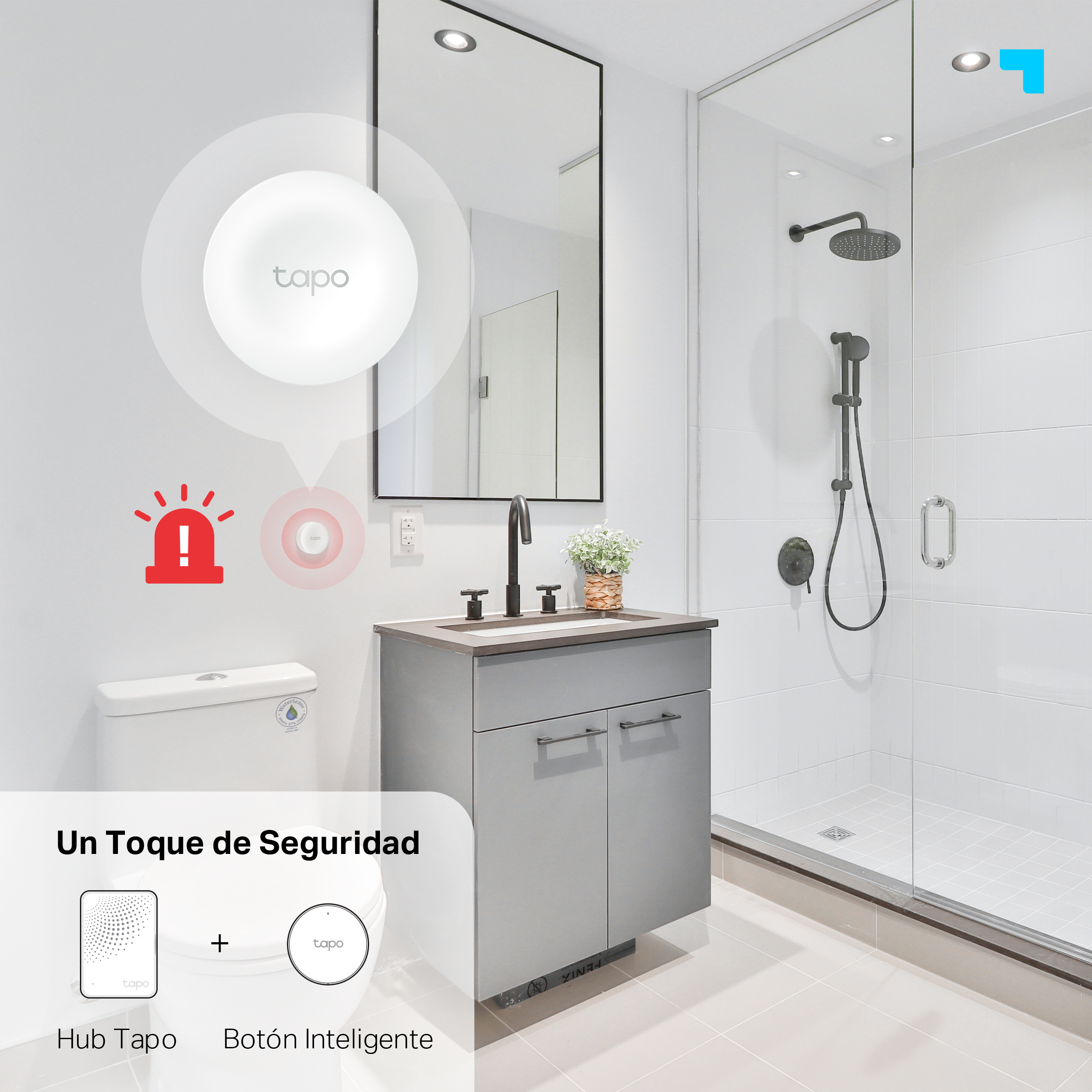 Una escena de baño con un dispositivo de hogar inteligente, tapo hub, y botón inteligente.
