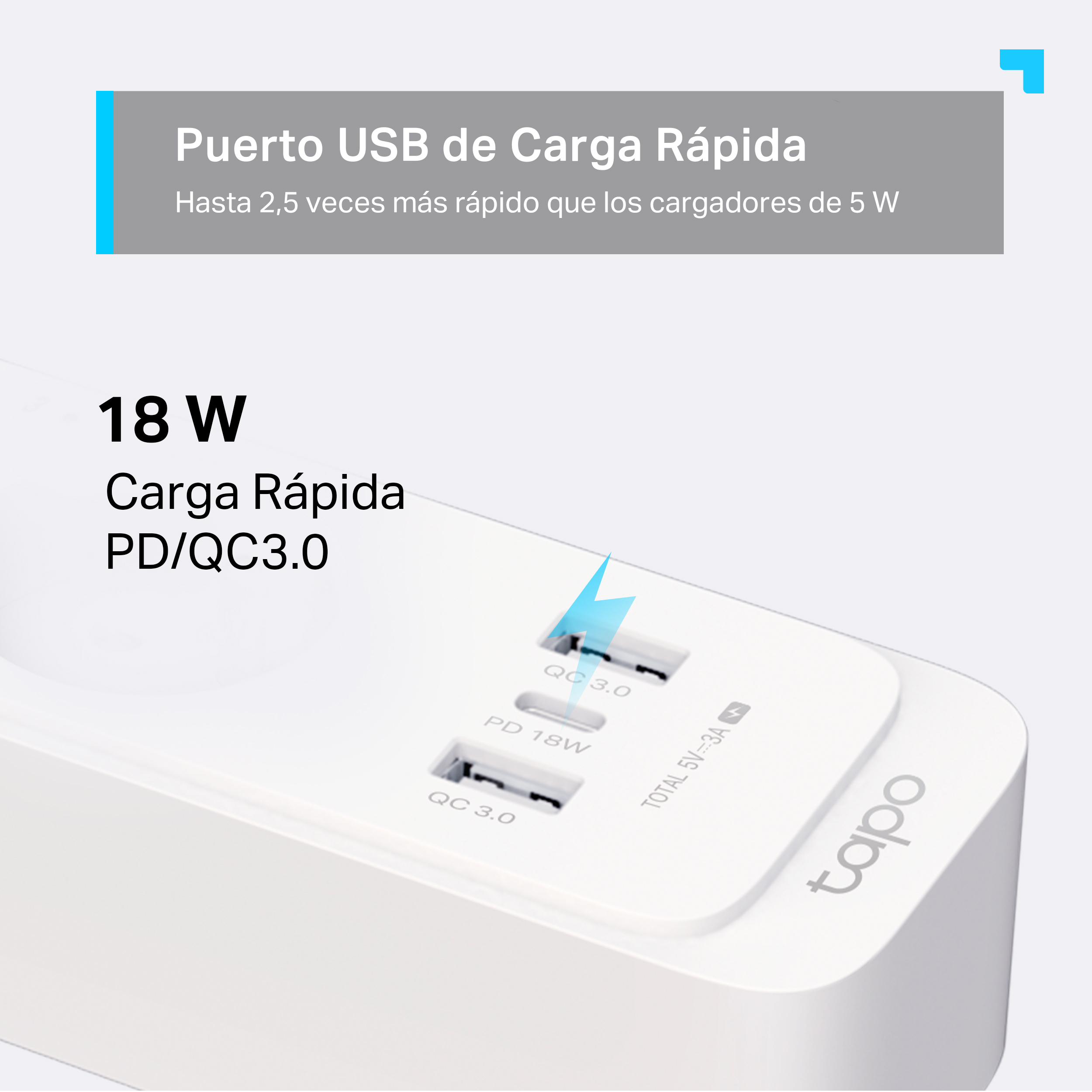 Un puerto de carga Tapo blanco con dos puertos USB y el texto '18 W' y 'Carga Rápida'.