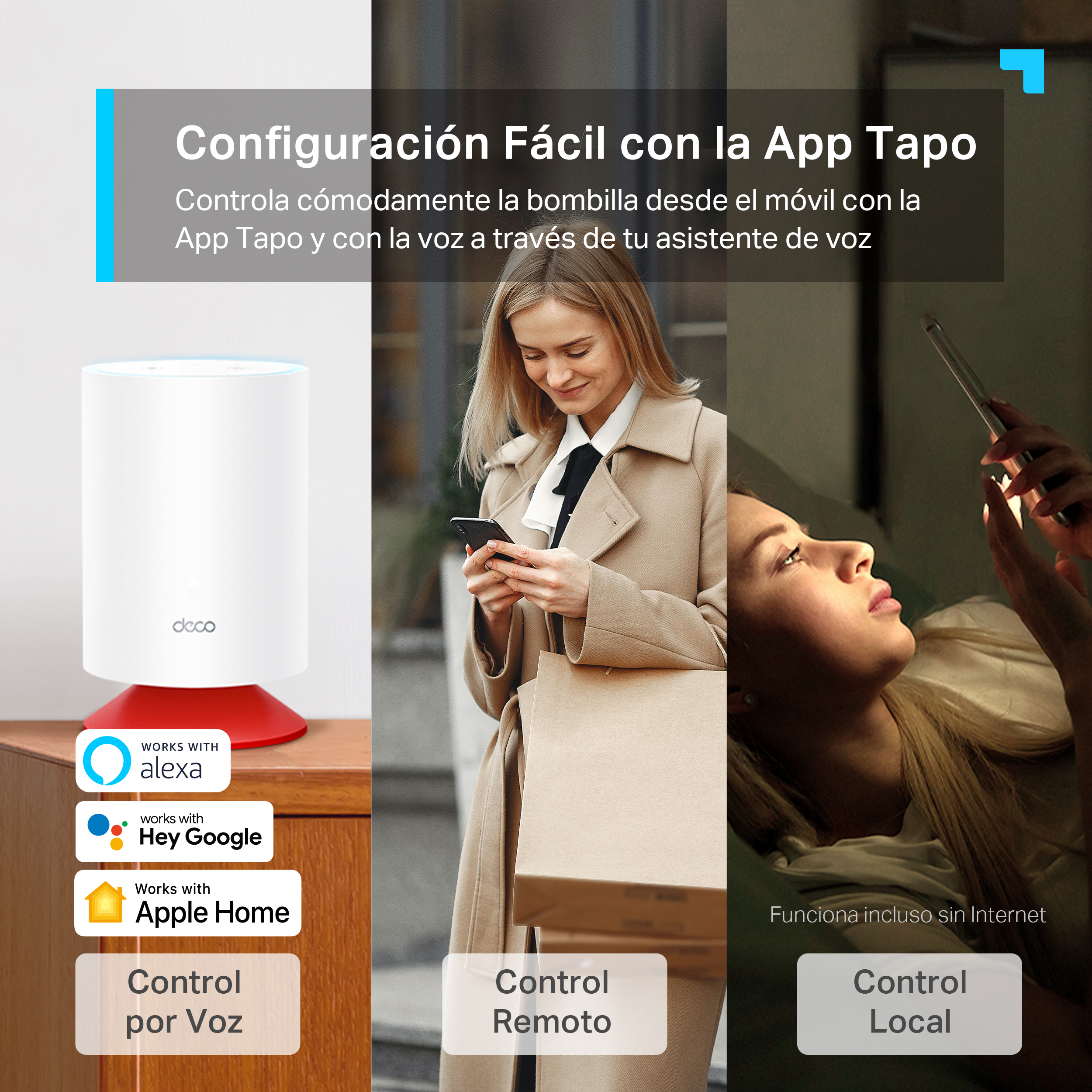 Una configuración de hogar inteligente con una lámpara, teléfono y tres opciones de control.
