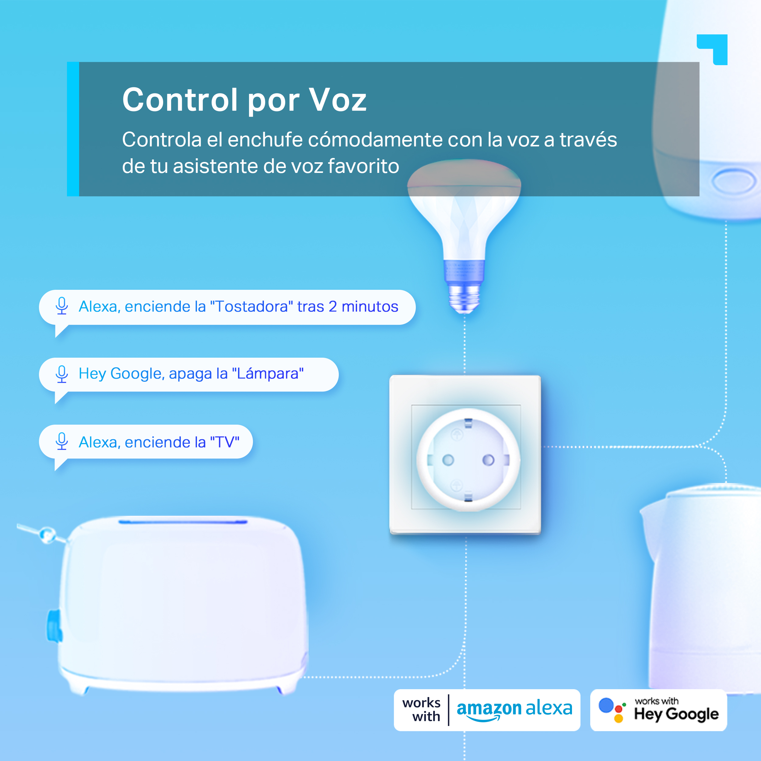 Configuración de hogar inteligente que muestra el control por voz de electrodomésticos con un enchufe inteligente y una luz.