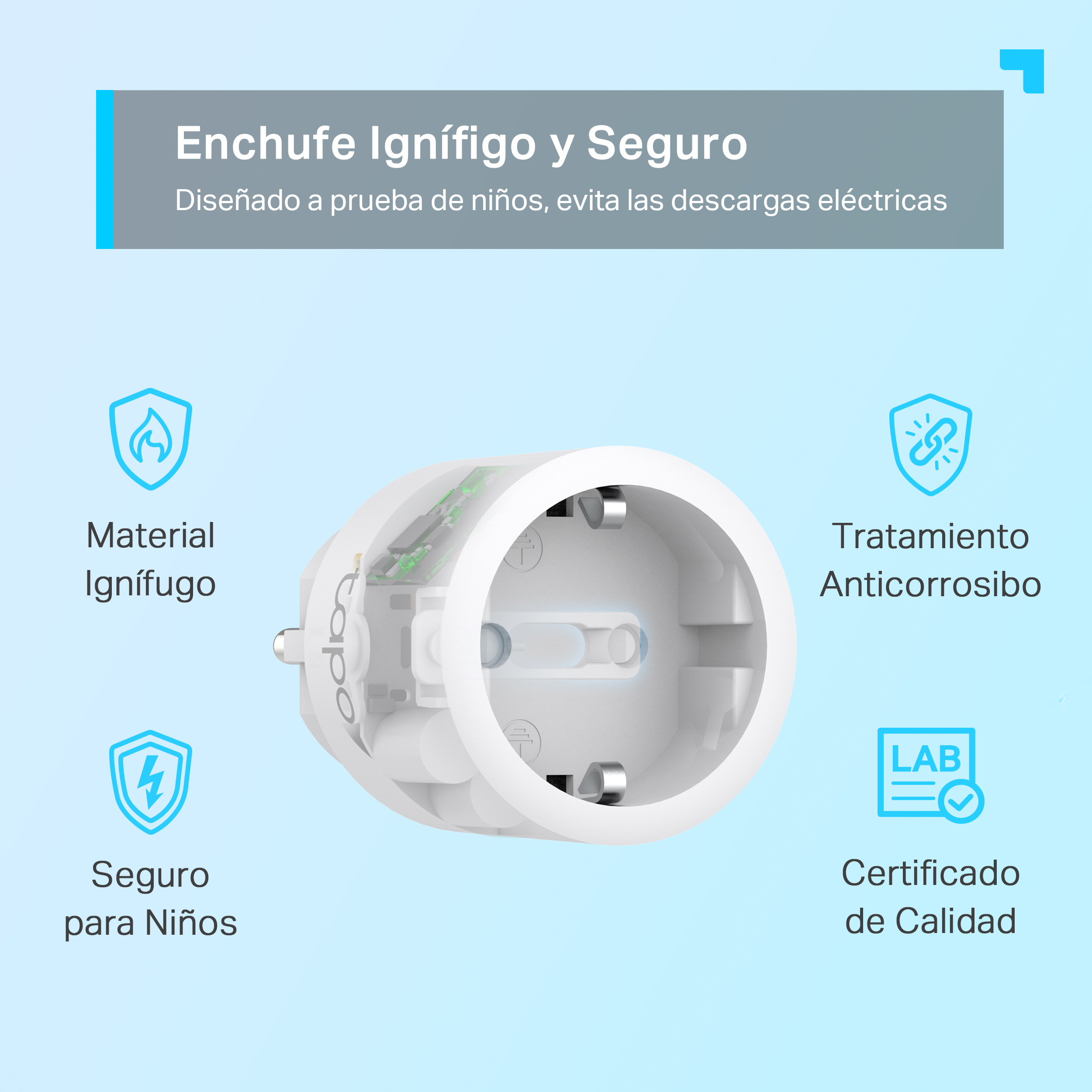 Enchufe blanco con características de seguridad.