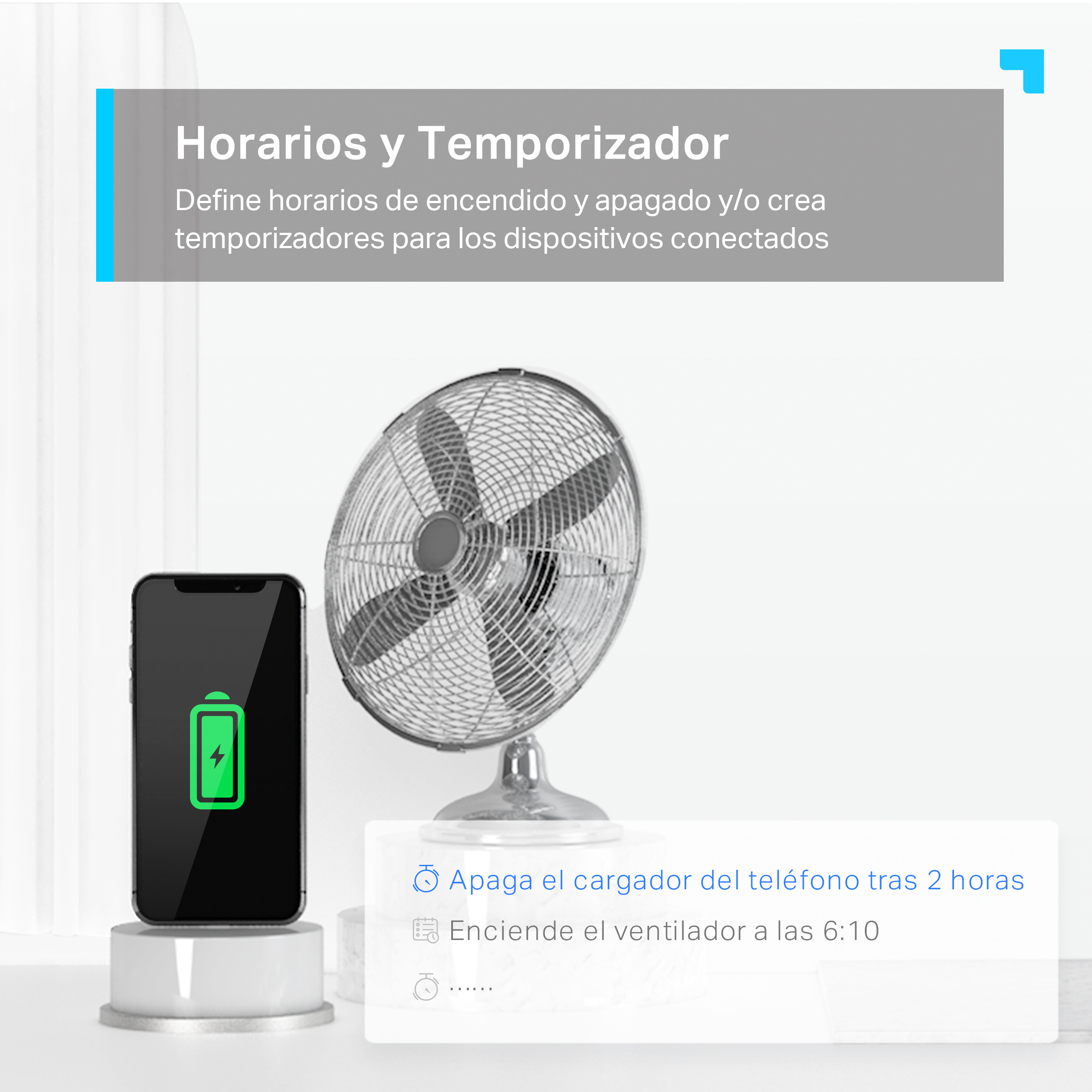 Smartphone en soporte con ventilador y texto sobre horarios y temporizadores.