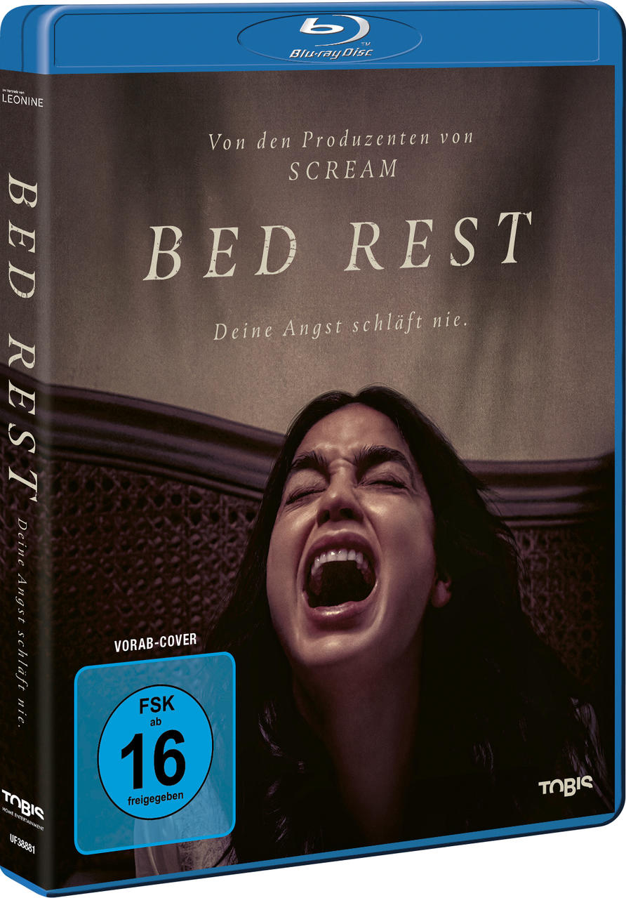 Blu-ray-Hülle des Films 'Bed Rest'. Eine Frau schreit. Text auf dem Cover.