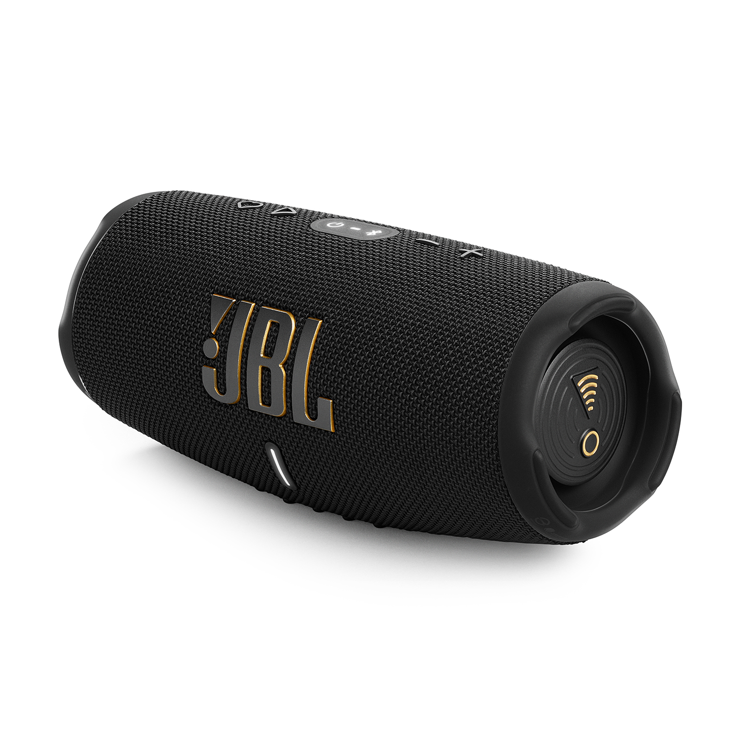 Altoparlante JBL nero, forma cilindrica, con logo JBL e pulsanti di controllo.
