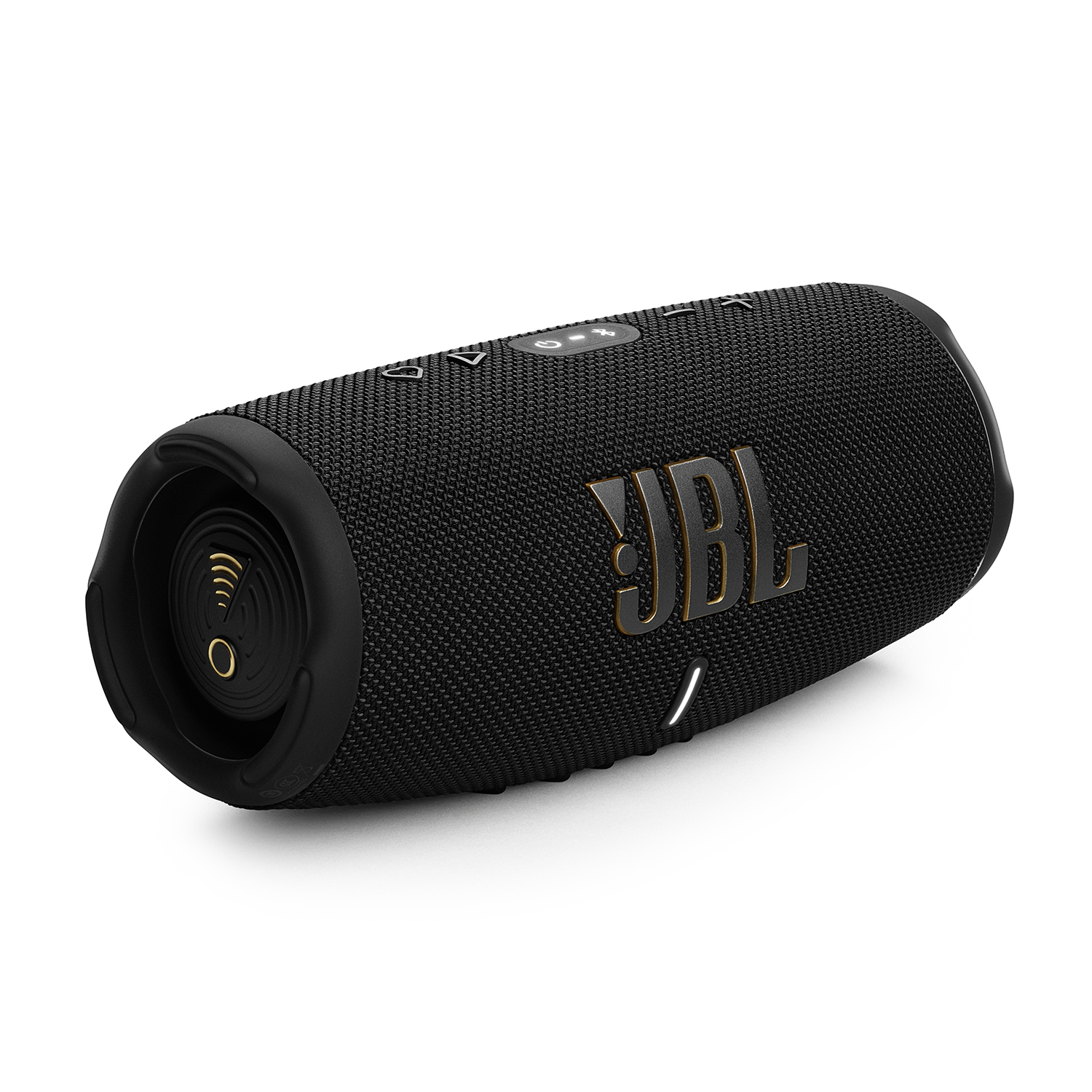 Un altoparlante JBL nero con pulsanti. Sfondo bianco.
