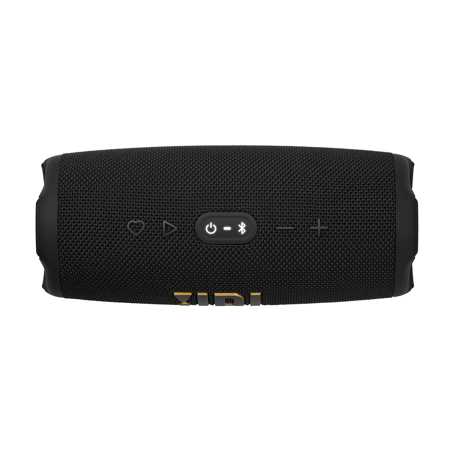Altoparlante JBL nero con pulsanti di controllo sulla parte superiore. Corpo in mesh nero con logo JBL dorato.