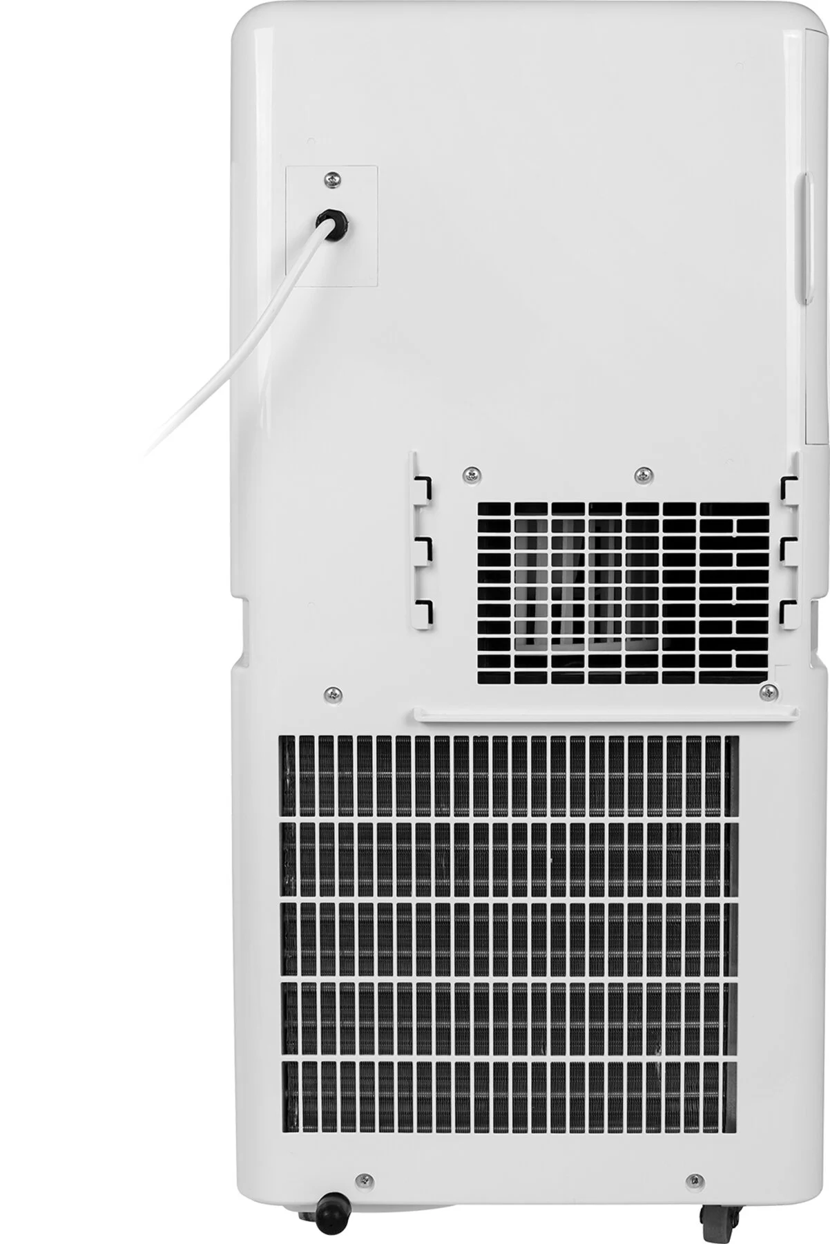 Witte achterkant van de airconditioner. Voorzien van ventilatieopeningen en een netsnoer. Heeft wielen aan de onderkant. Het ontwerp is strak en modern.