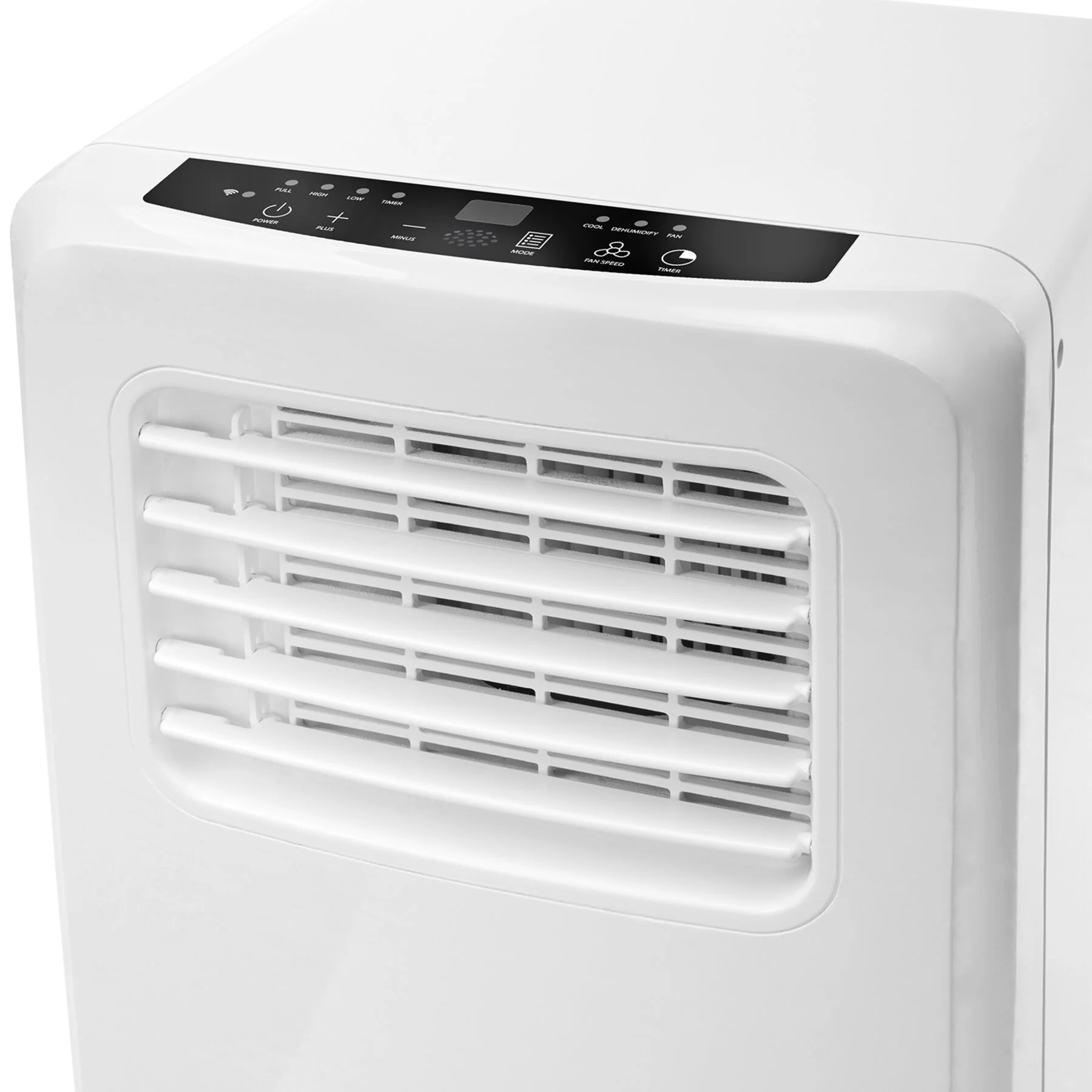 Een witte airconditioner met ventilatie en bedieningspaneel. Het paneel bevat stroom, modus en ventilatorinstellingen.