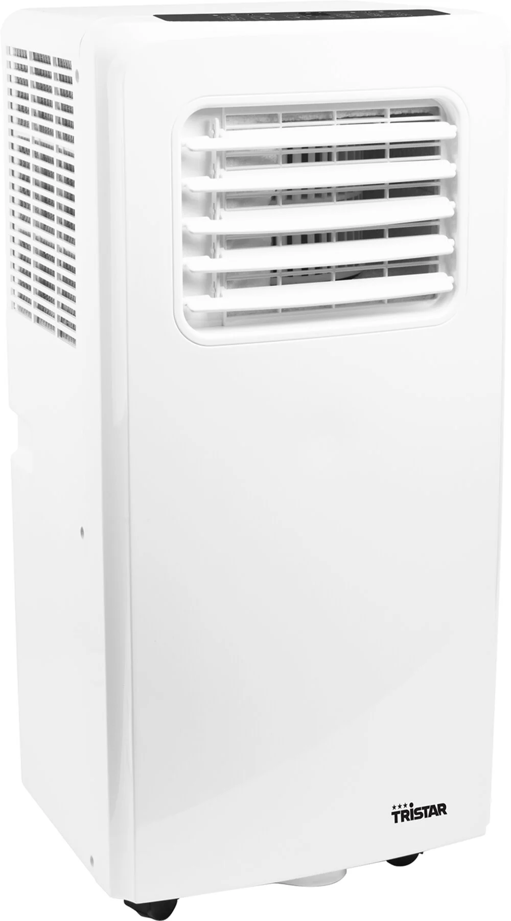 Een witte draagbare airconditioner van Tristar staat rechtop. Het heeft ventilatieopeningen, een bedieningspaneel en staat op kleine wielen. Het merklogo is zichtbaar.