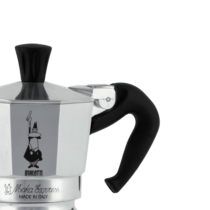 Alumínium Moka kávéfőző, fekete fogantyú, fehér háttér, olasz design, Bialetti.