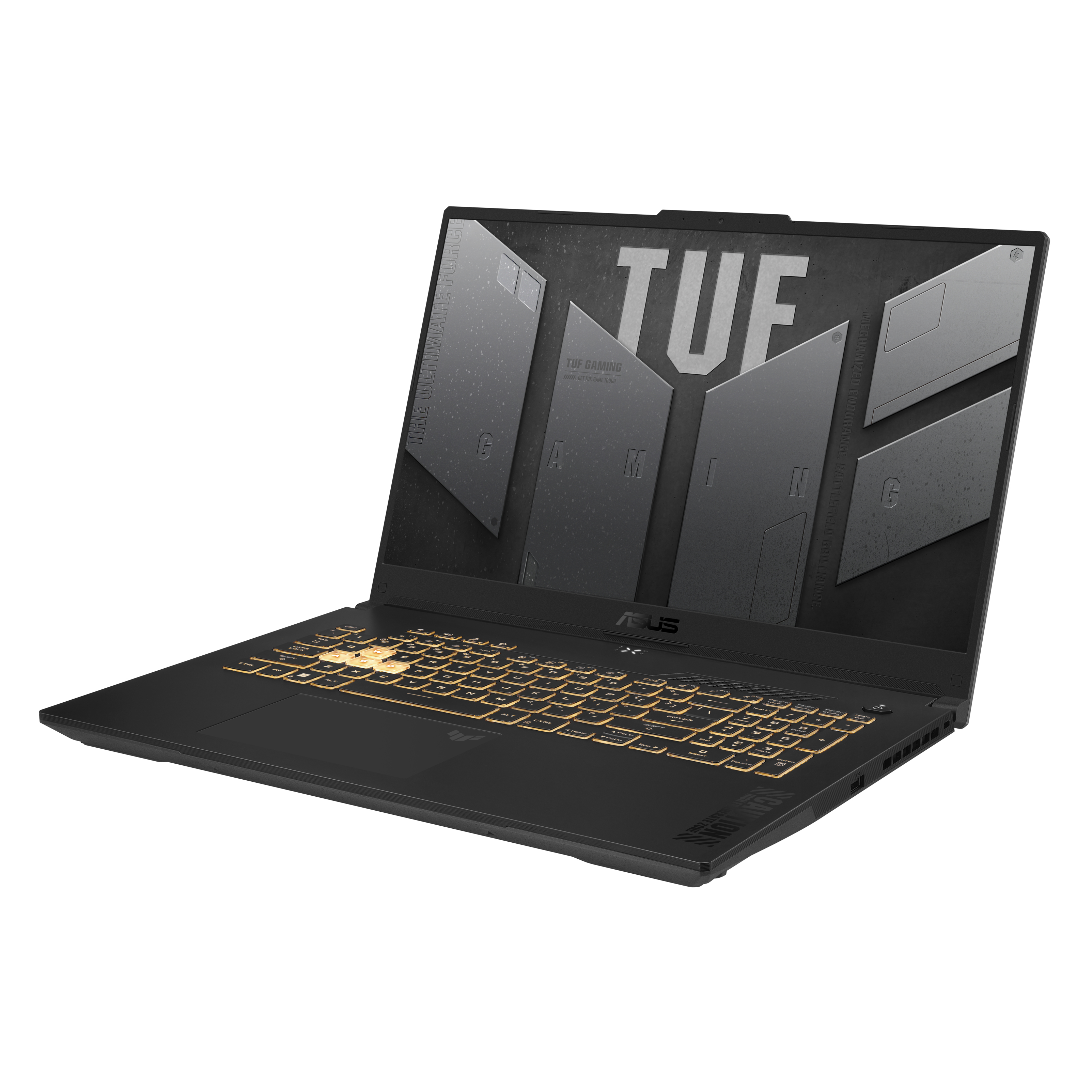 Un portátil negro con teclado dorado, abierto sobre un fondo blanco.