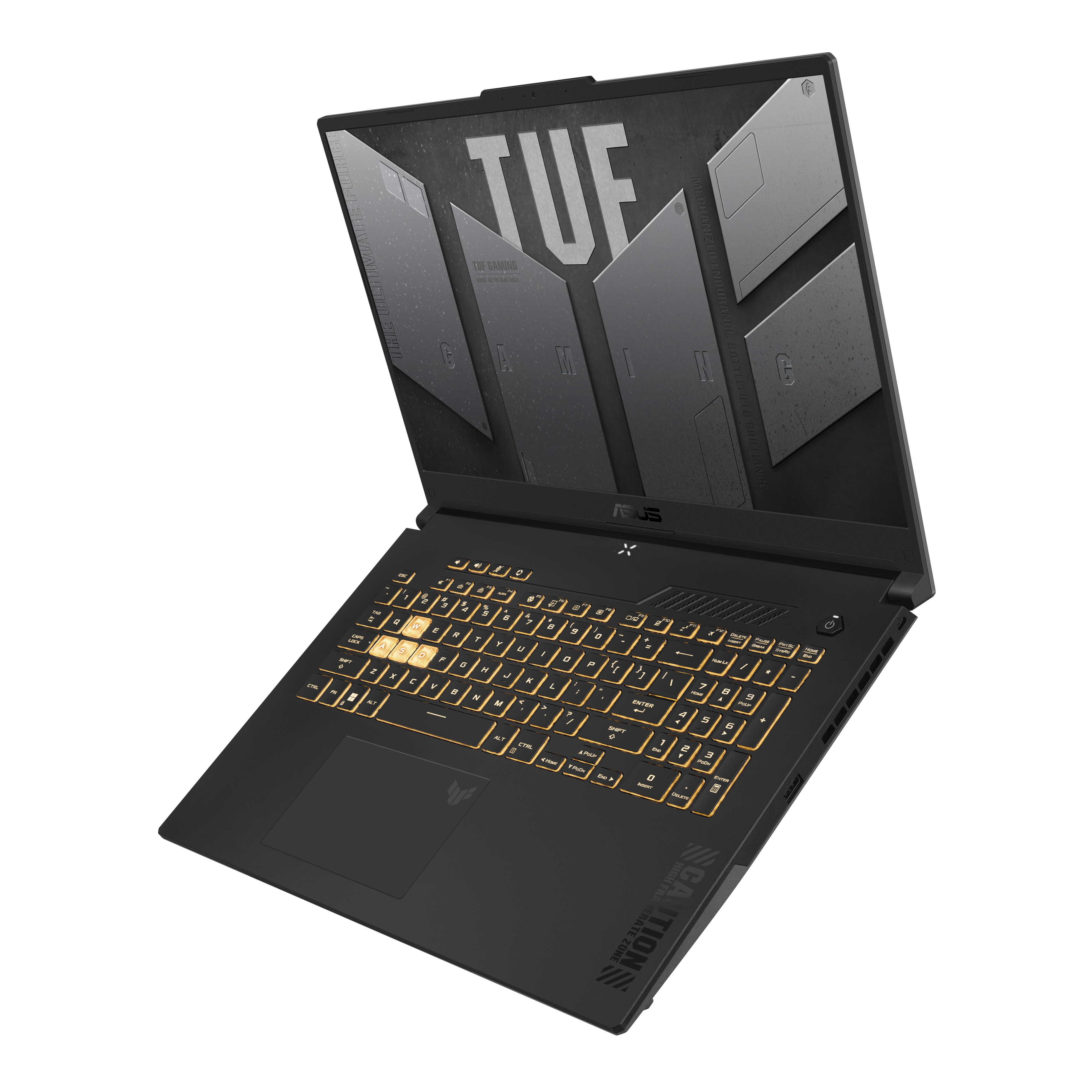 Un portátil para juegos negro y dorado con la pantalla abierta, que muestra un teclado.