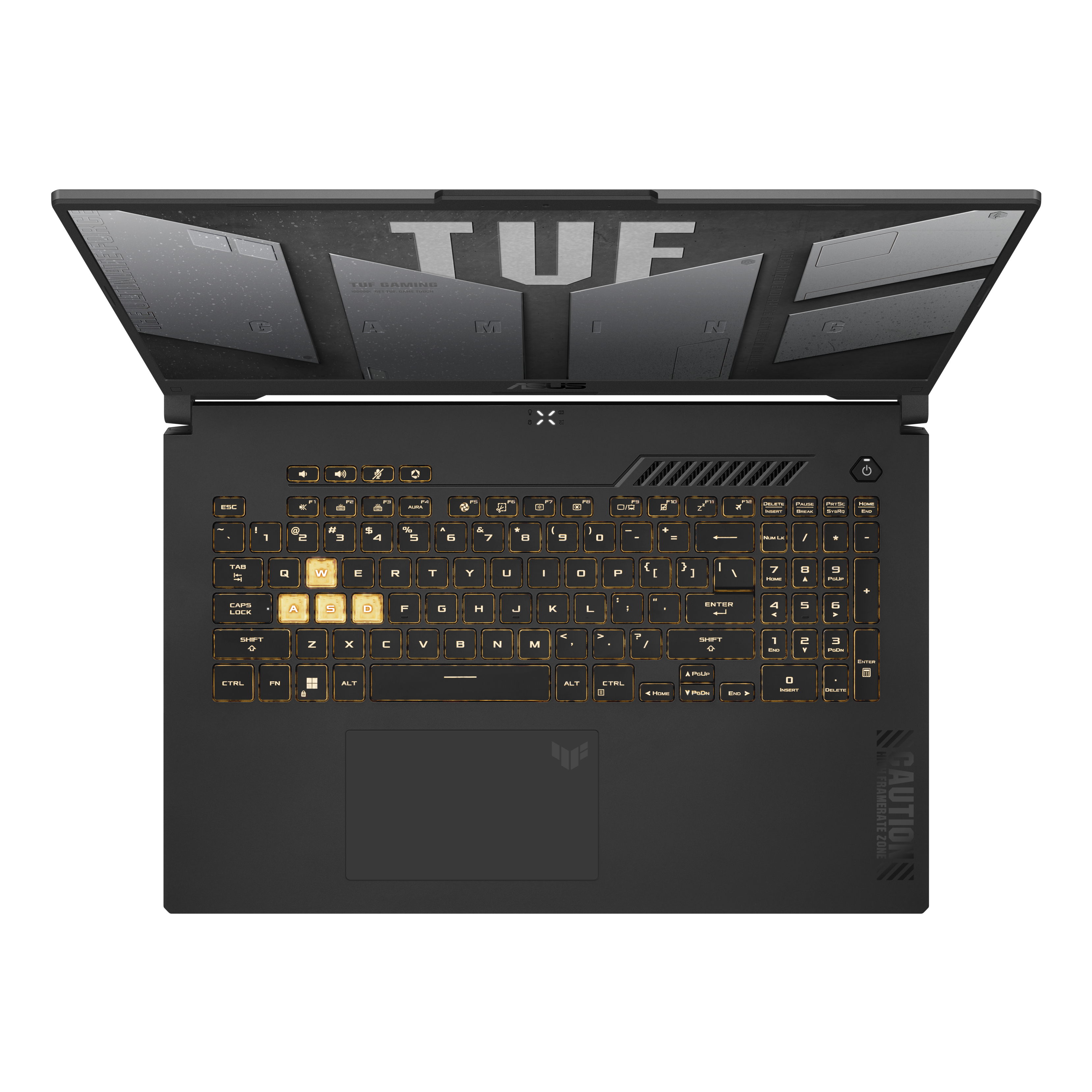 Vista superior de un portátil negro abierto, teclado iluminado.