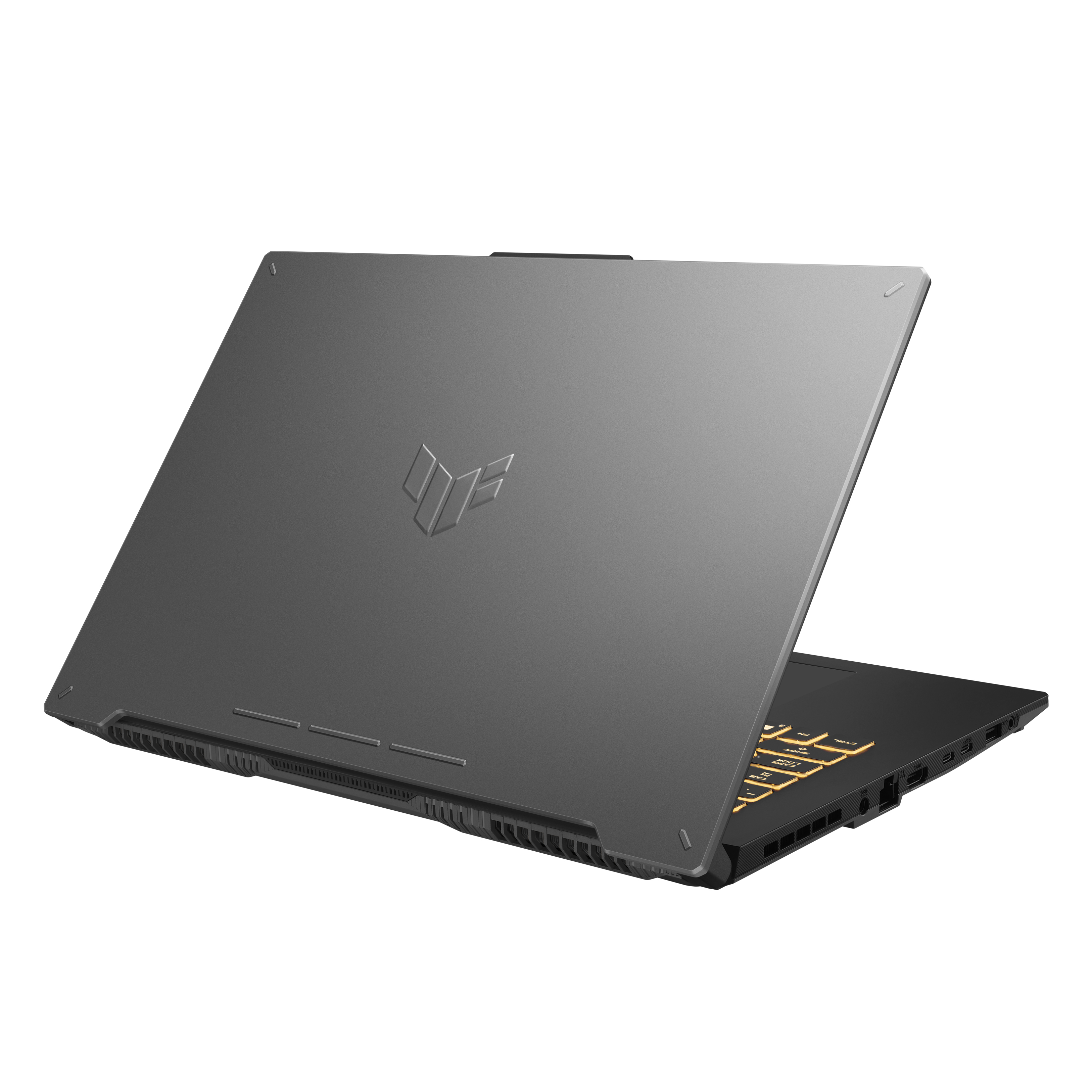 Portátil gris con el logo de Asus arriba, ligeramente abierto, mostrando el teclado.