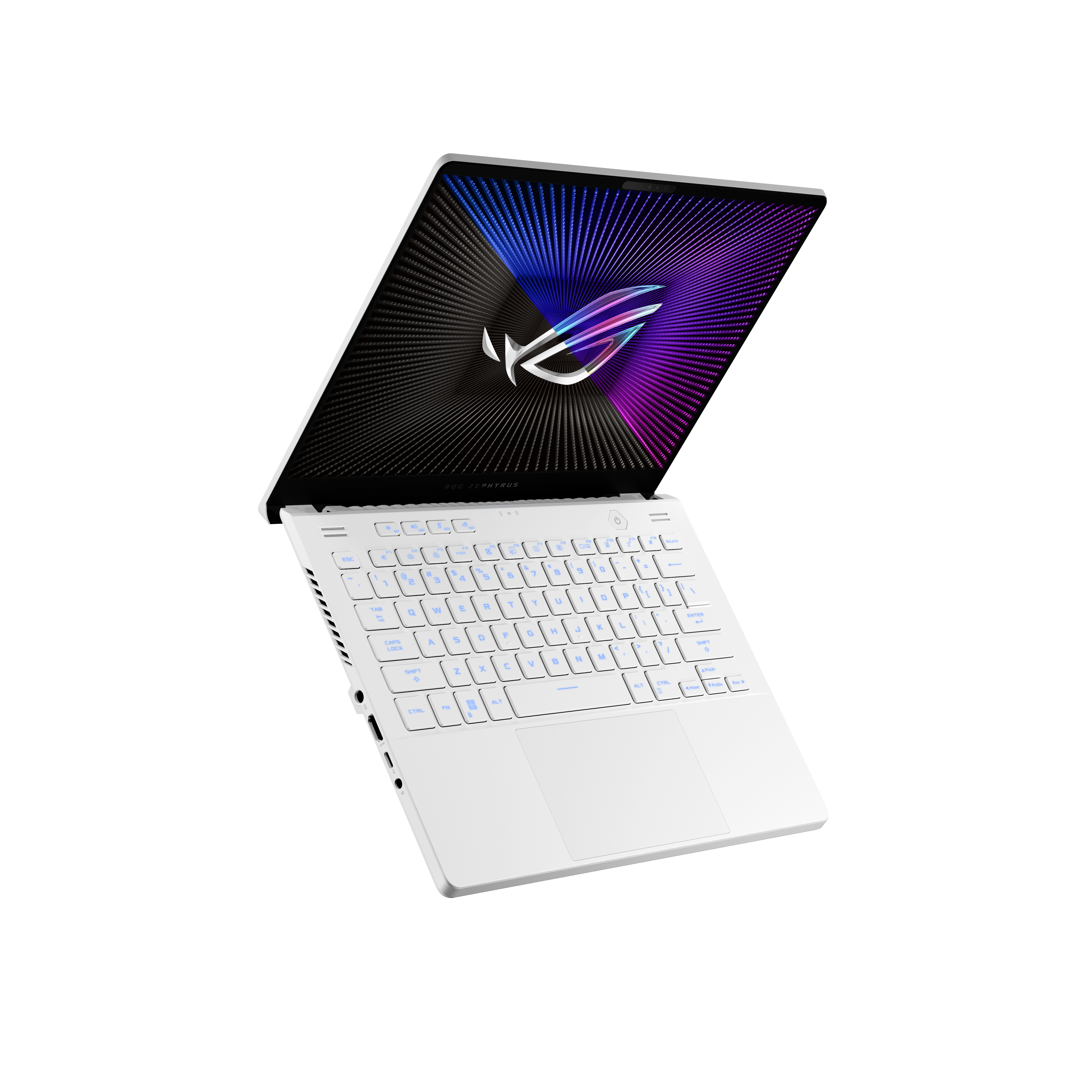 Portátil blanco con teclado visible, pantalla inclinada hacia arriba, mostrando un gráfico multicolor.